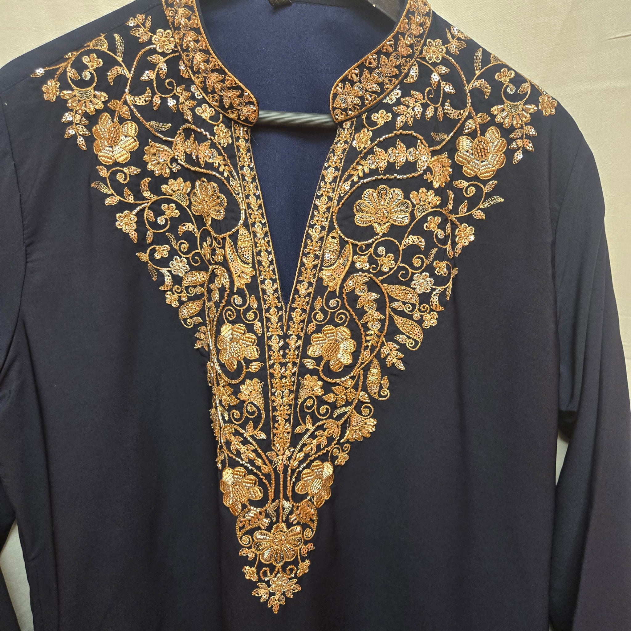 Navy V Neck Heavy Embroidered Kurta
