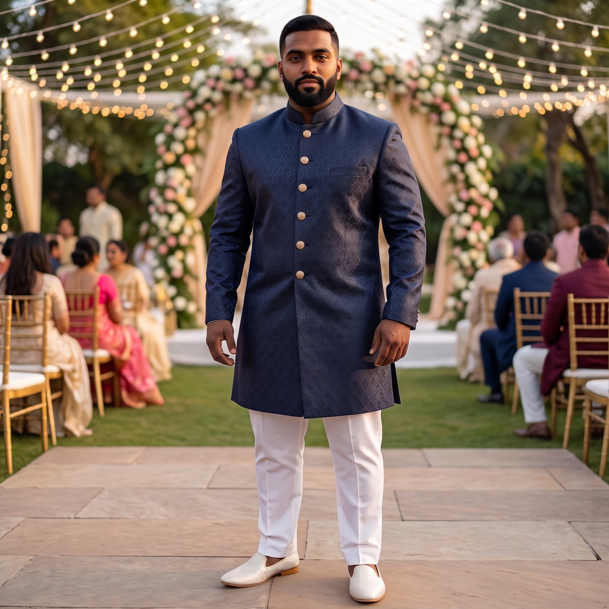 Navy Ogee Tile Flower Sherwani