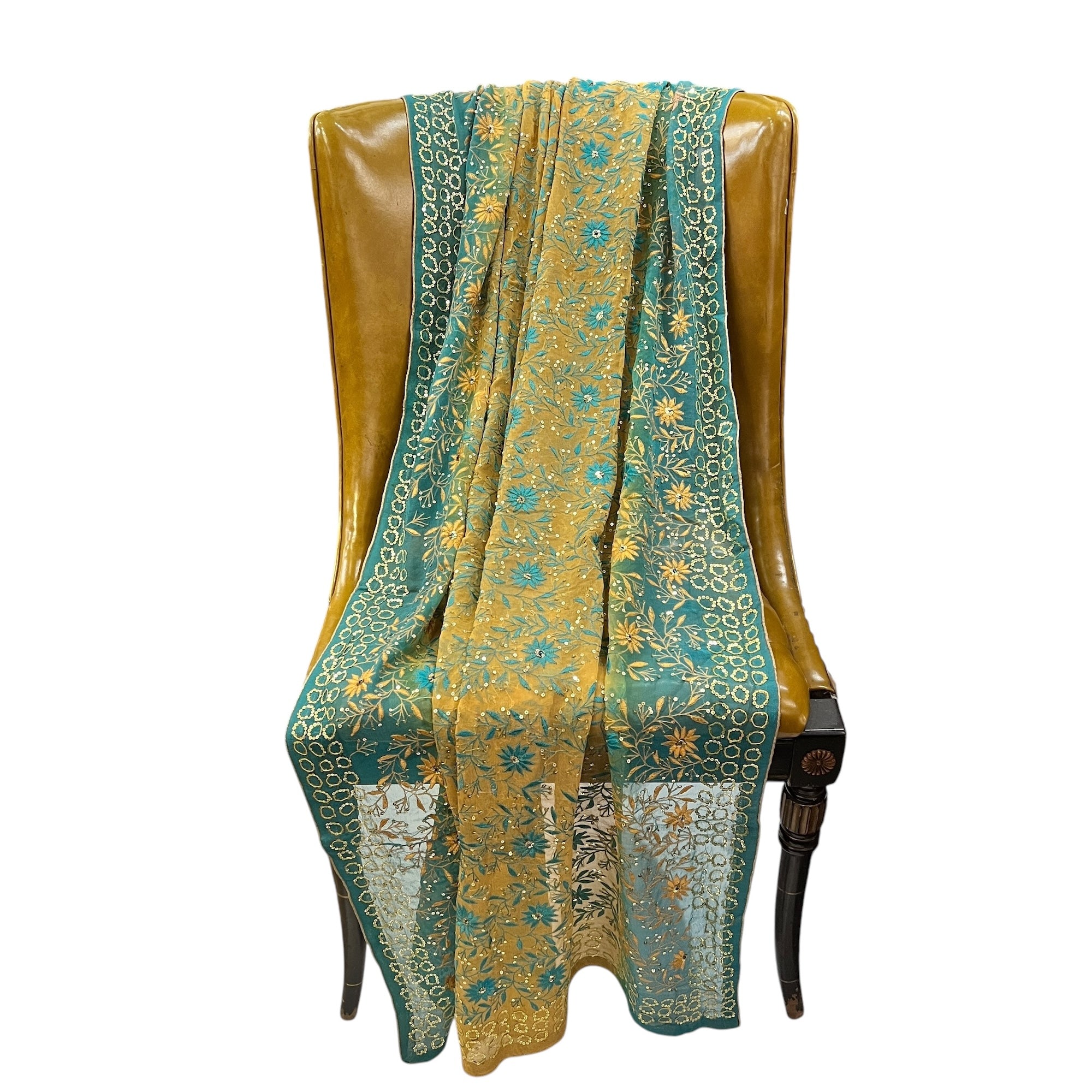 Turquoise & Wheat Embroidered Dupatta 9028 - Vintage India NYC