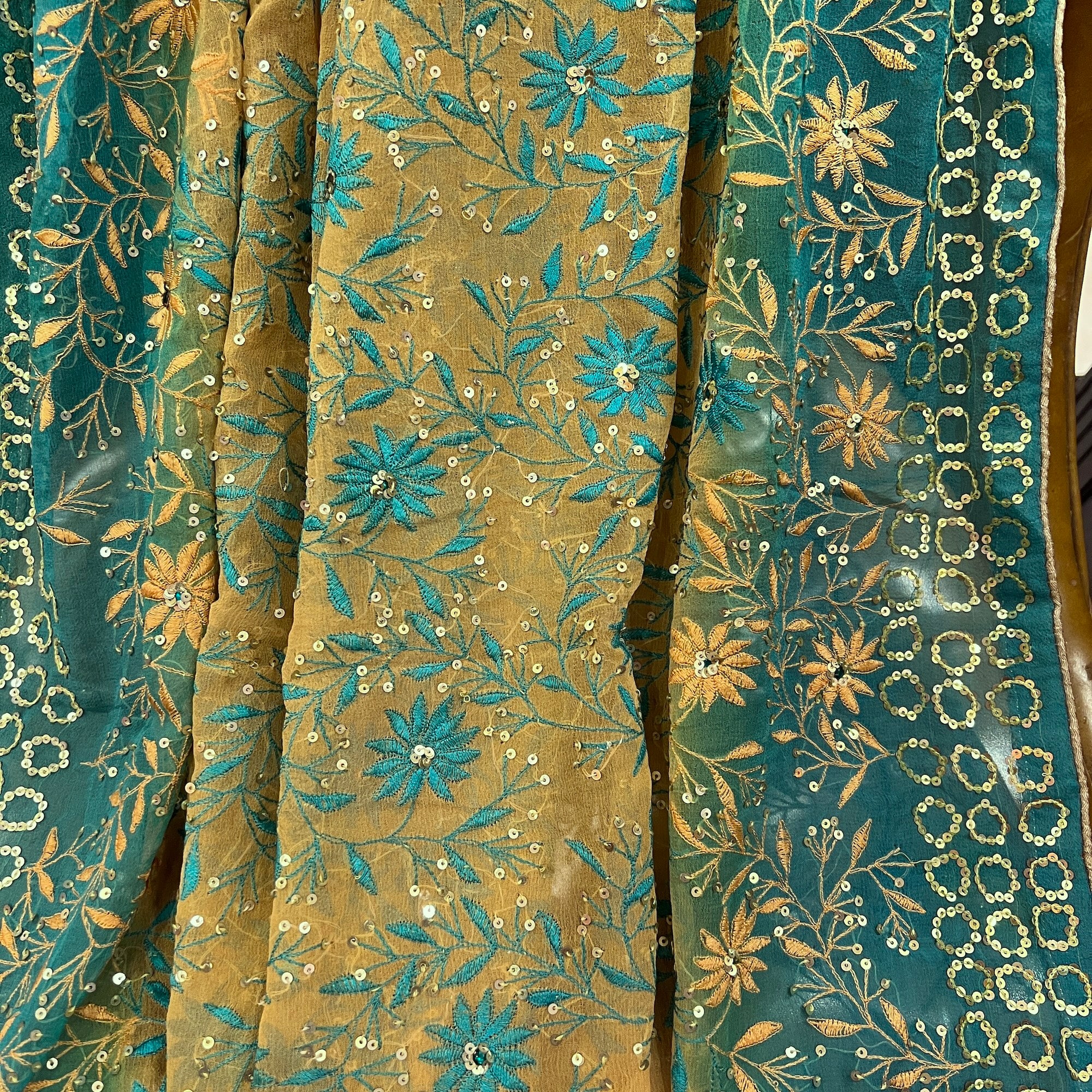 Turquoise & Wheat Embroidered Dupatta 9028 - Vintage India NYC