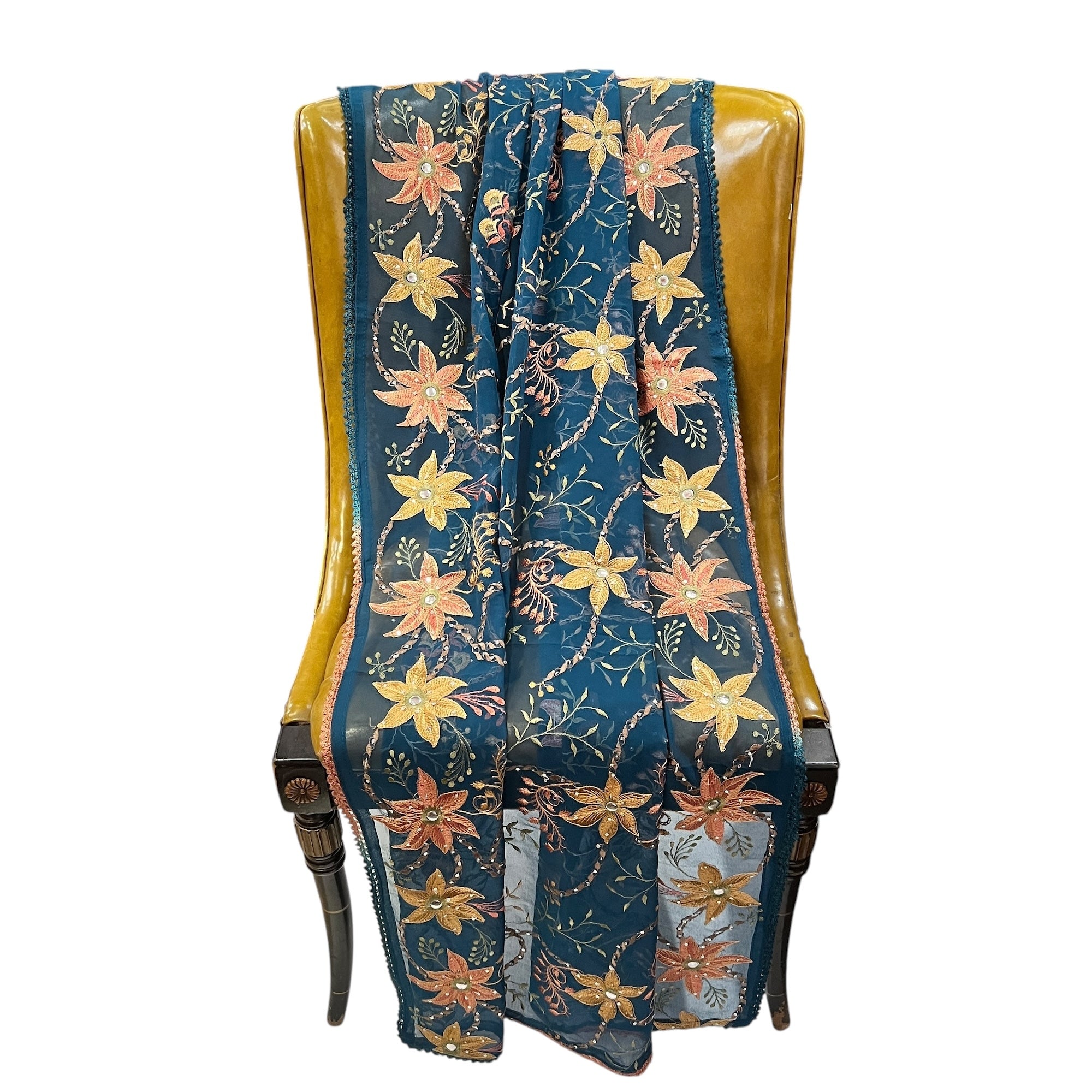 Teal Embroidered Dupatta 9033 - Vintage India NYC