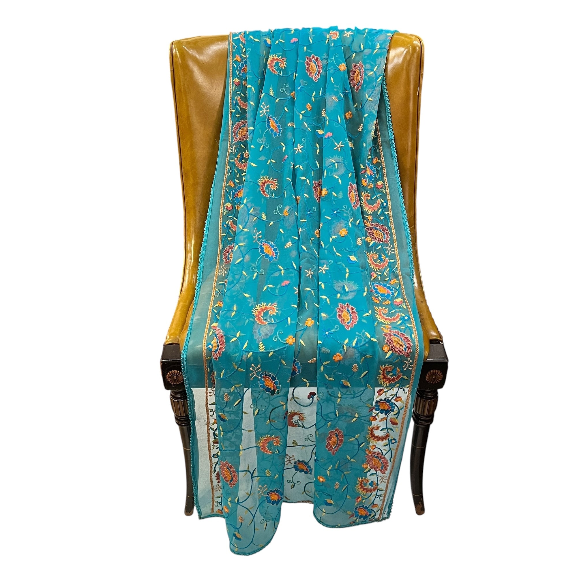 Turquoise Floral Embroidered Dupatta 9036 - Vintage India NYC