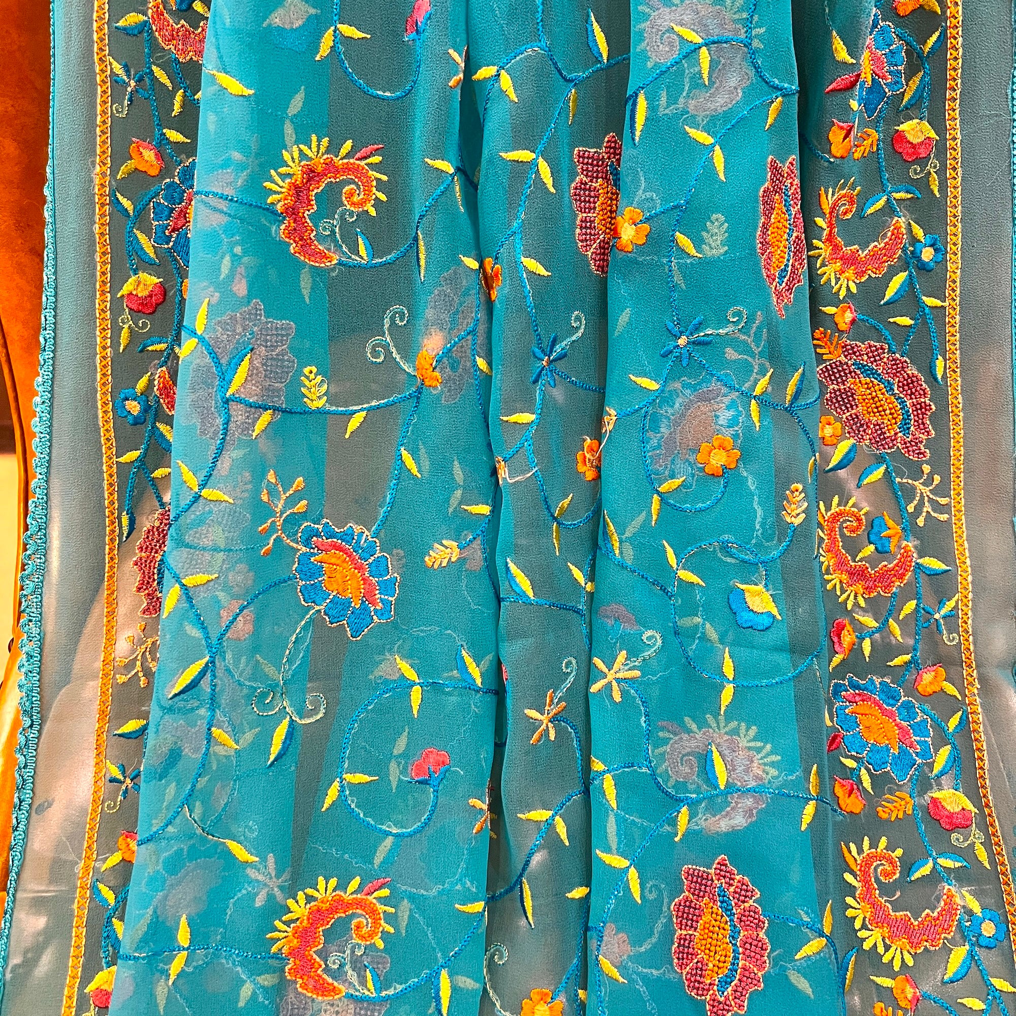 Turquoise Floral Embroidered Dupatta 9036 - Vintage India NYC