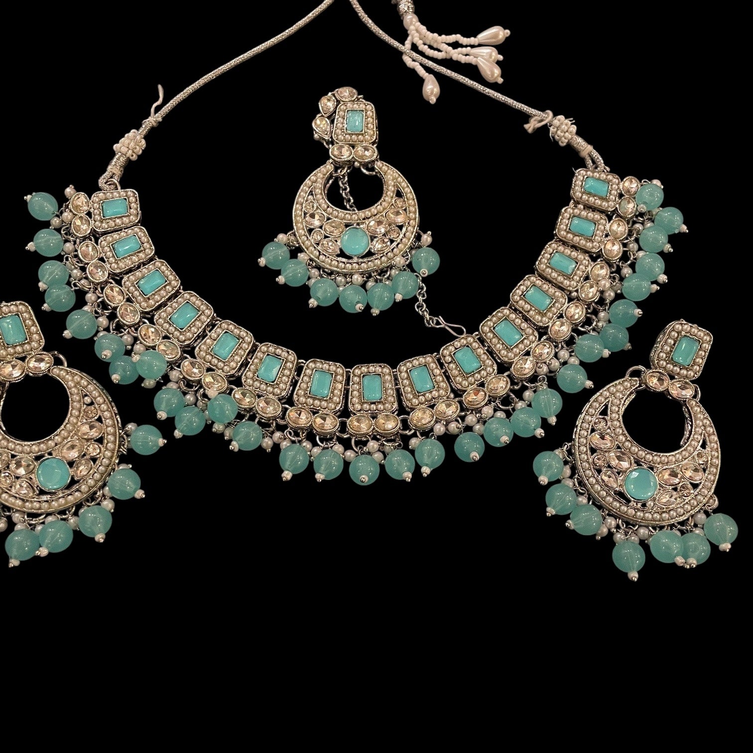 DT Silver Chandbali w/Square Stone Necklace Sets-Many Colors