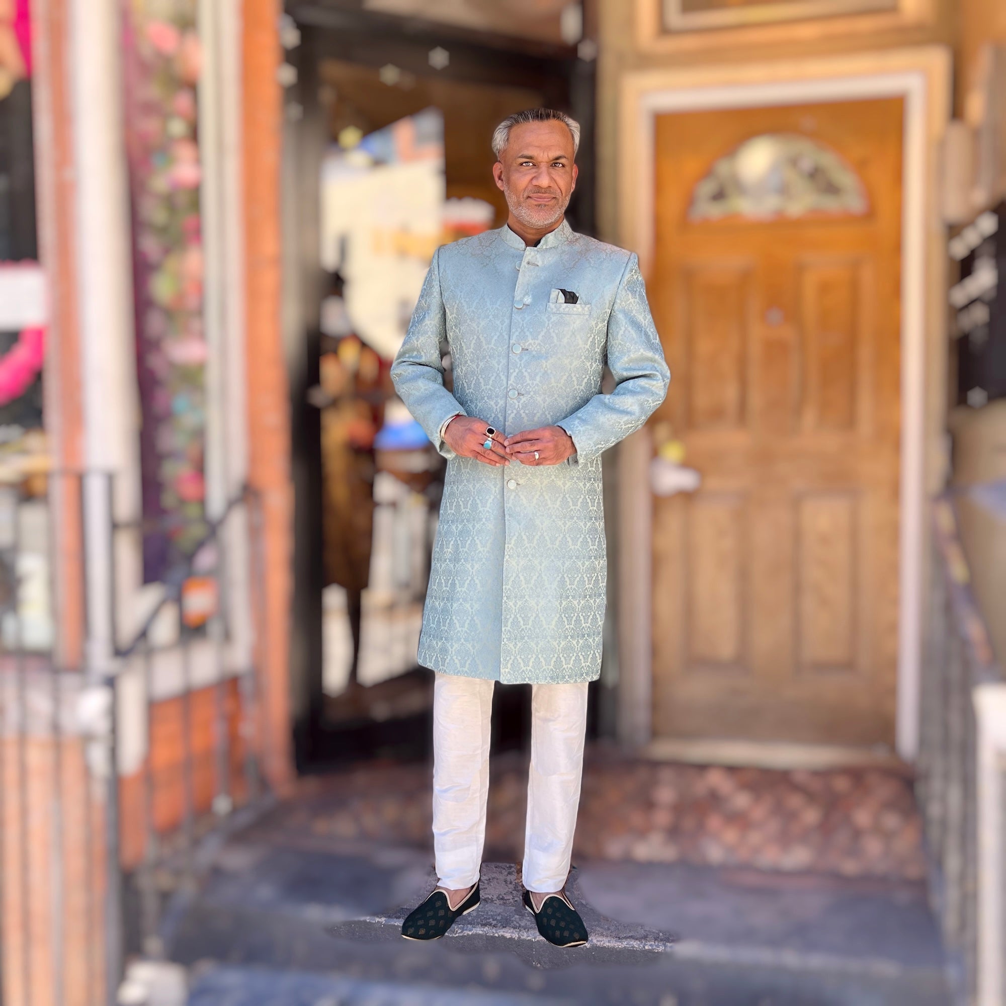 Aqua & Sage Jacquard Sherwani - Vintage India NYC