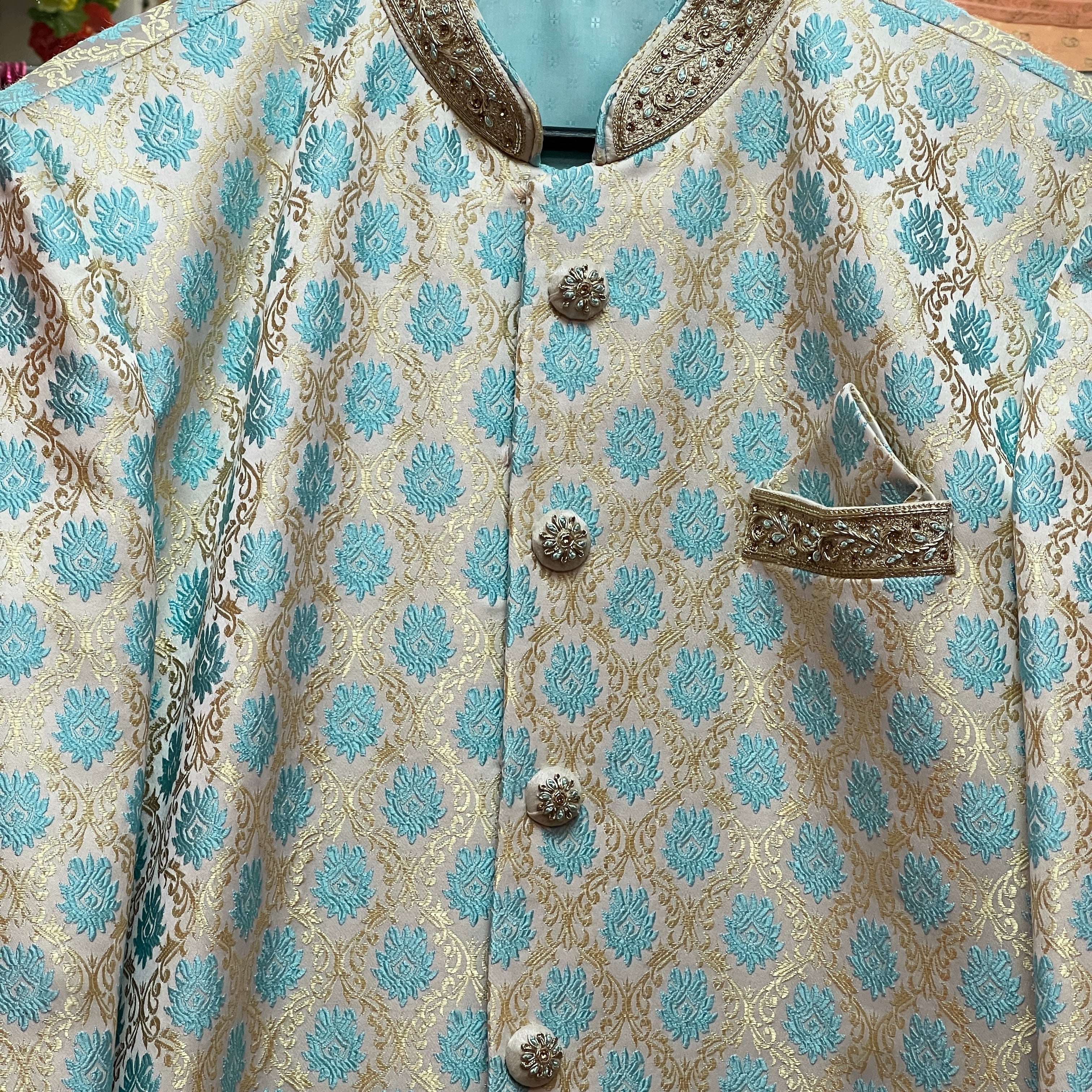 YD Aqua & Gold Brocade Sherwani-Size 44 - Vintage India NYC