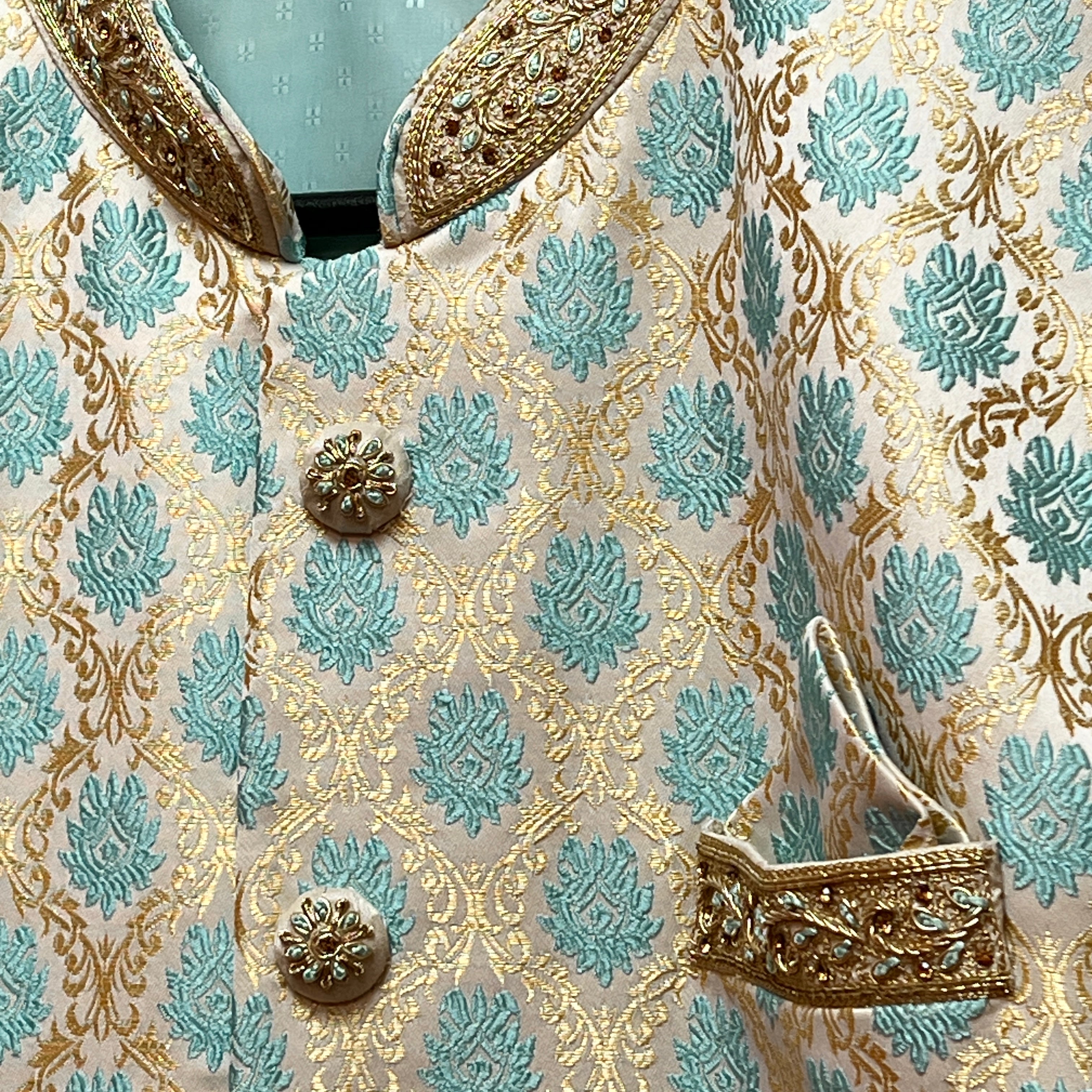 YD Aqua & Gold Brocade Sherwani-Size 44 - Vintage India NYC