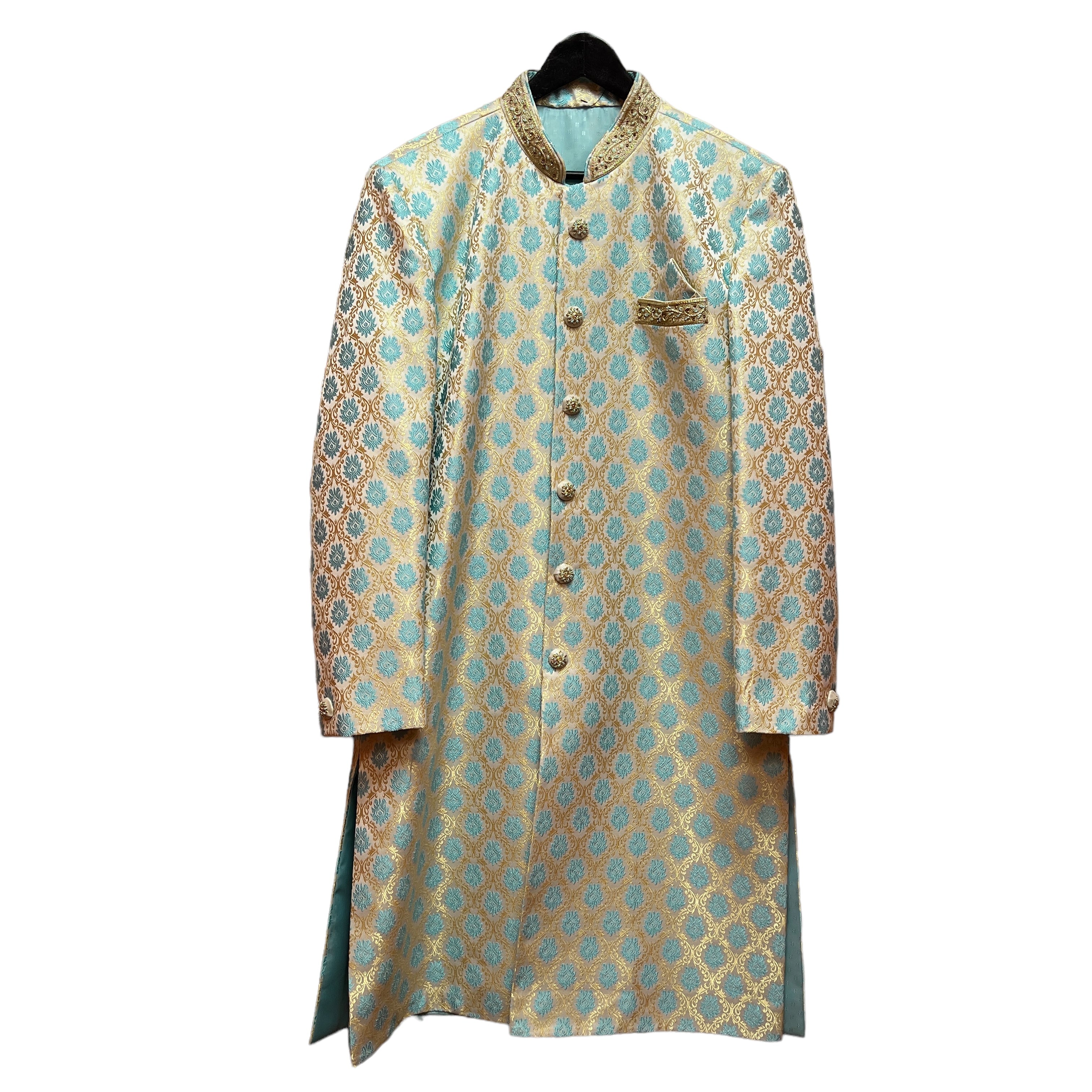 YD Aqua & Gold Brocade Sherwani-Size 44 - Vintage India NYC