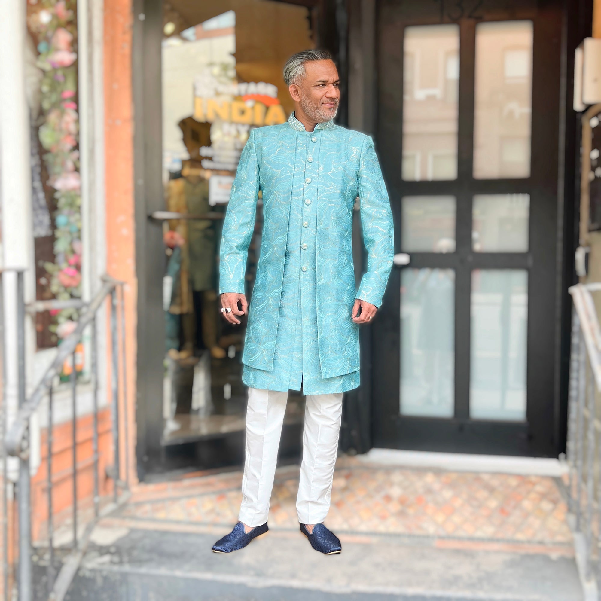 Aqua Embroidered Double Sherwani - Vintage India NYC