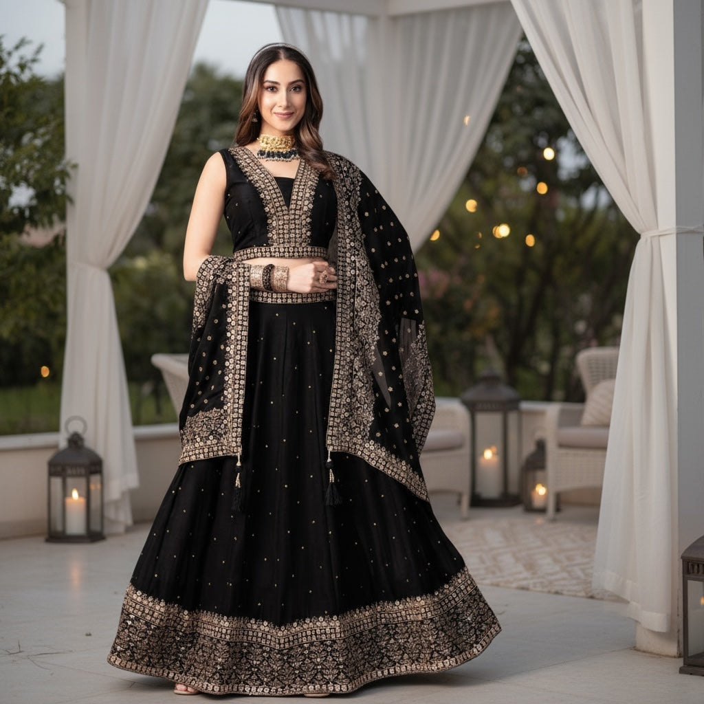 Light Gold Embroidered Lehengas-4 Colors