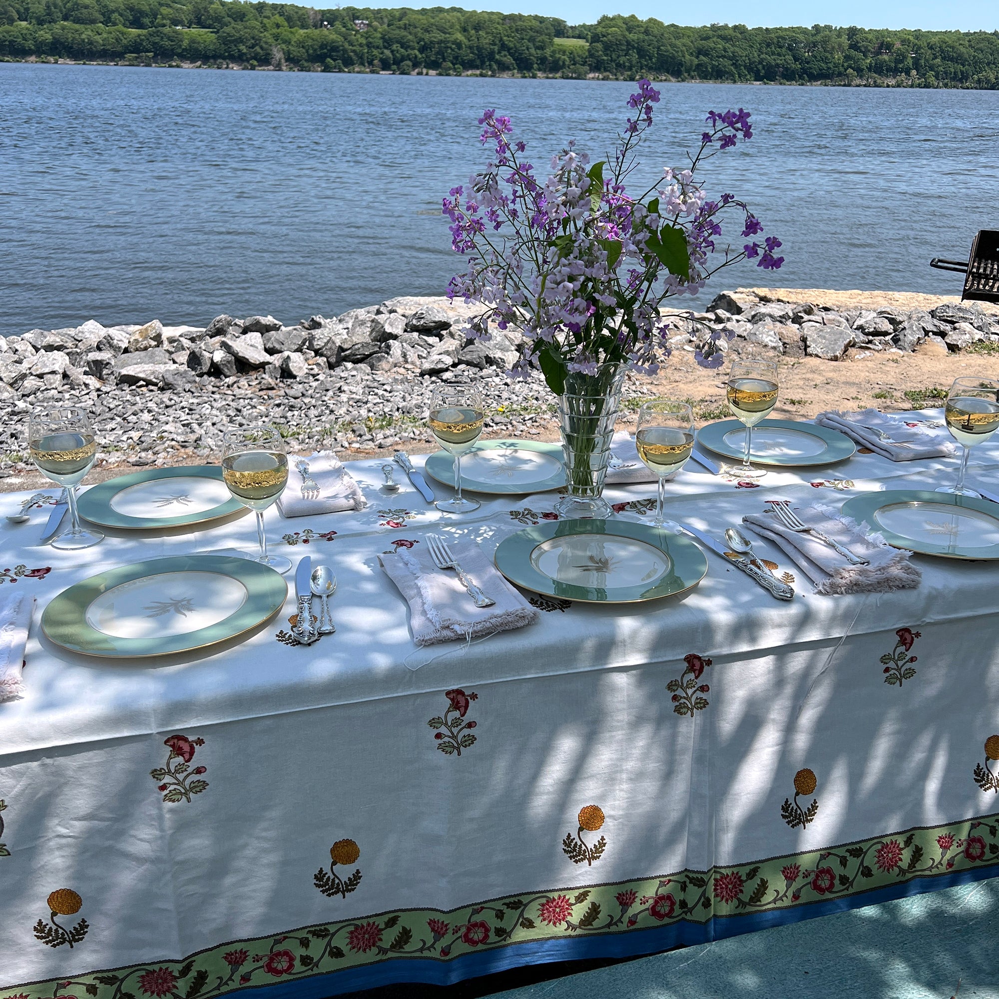 Blue Flower Block Print Tablecloth 60 X 90 - Vintage India NYC