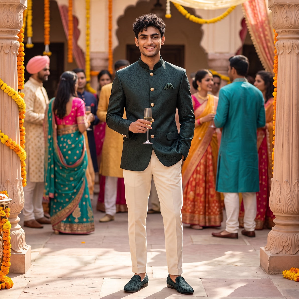 Bottle Green Floral Vine Jodhpuri Jacket