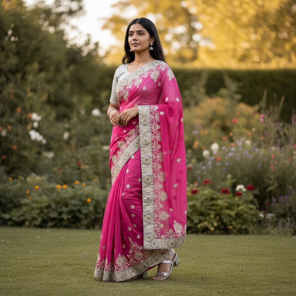 Bright Pink & Silver Georgette Saree w Blouse Piece - Vintage India NYC