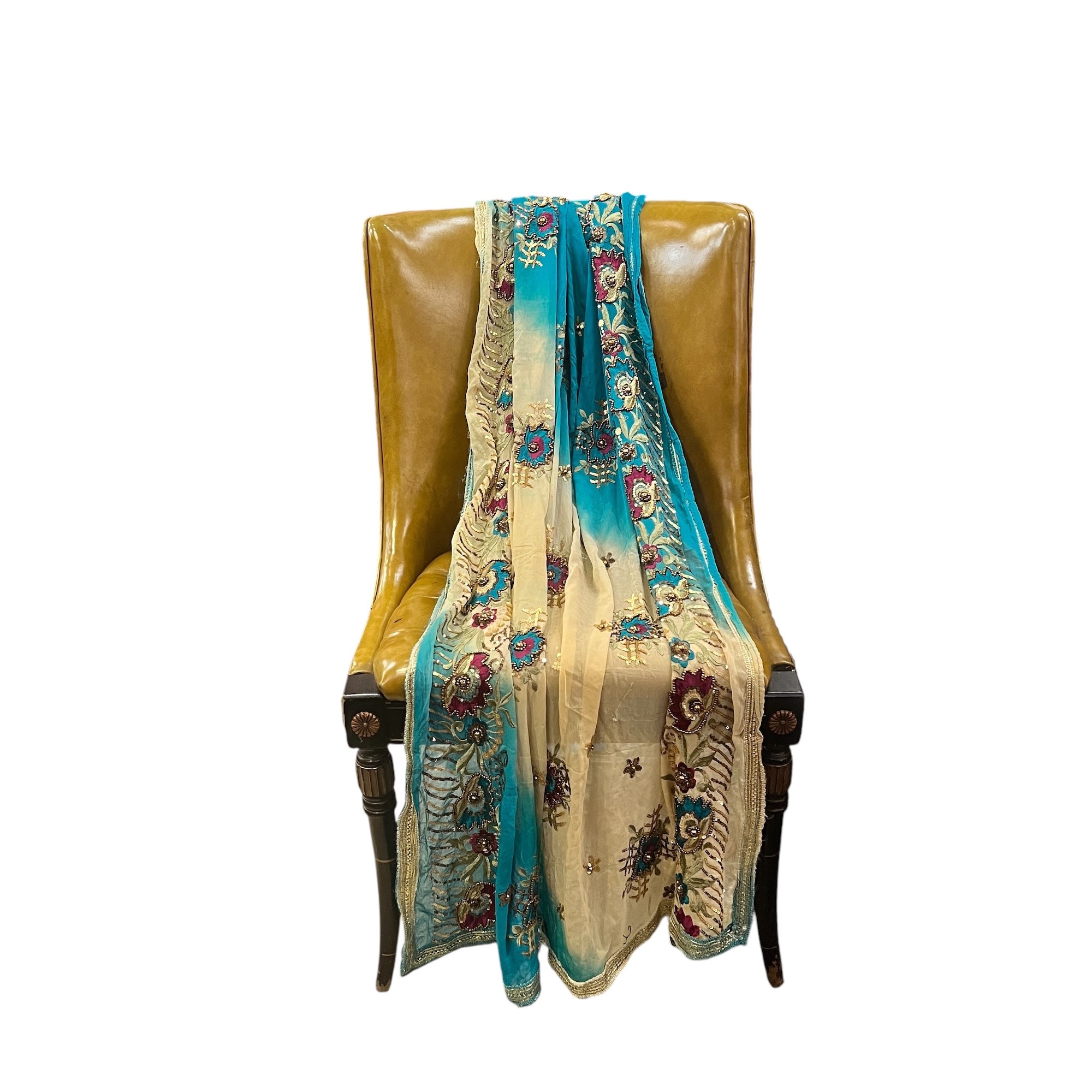 Cream & Firozi Embroidered Dupatta - Vintage India NYC