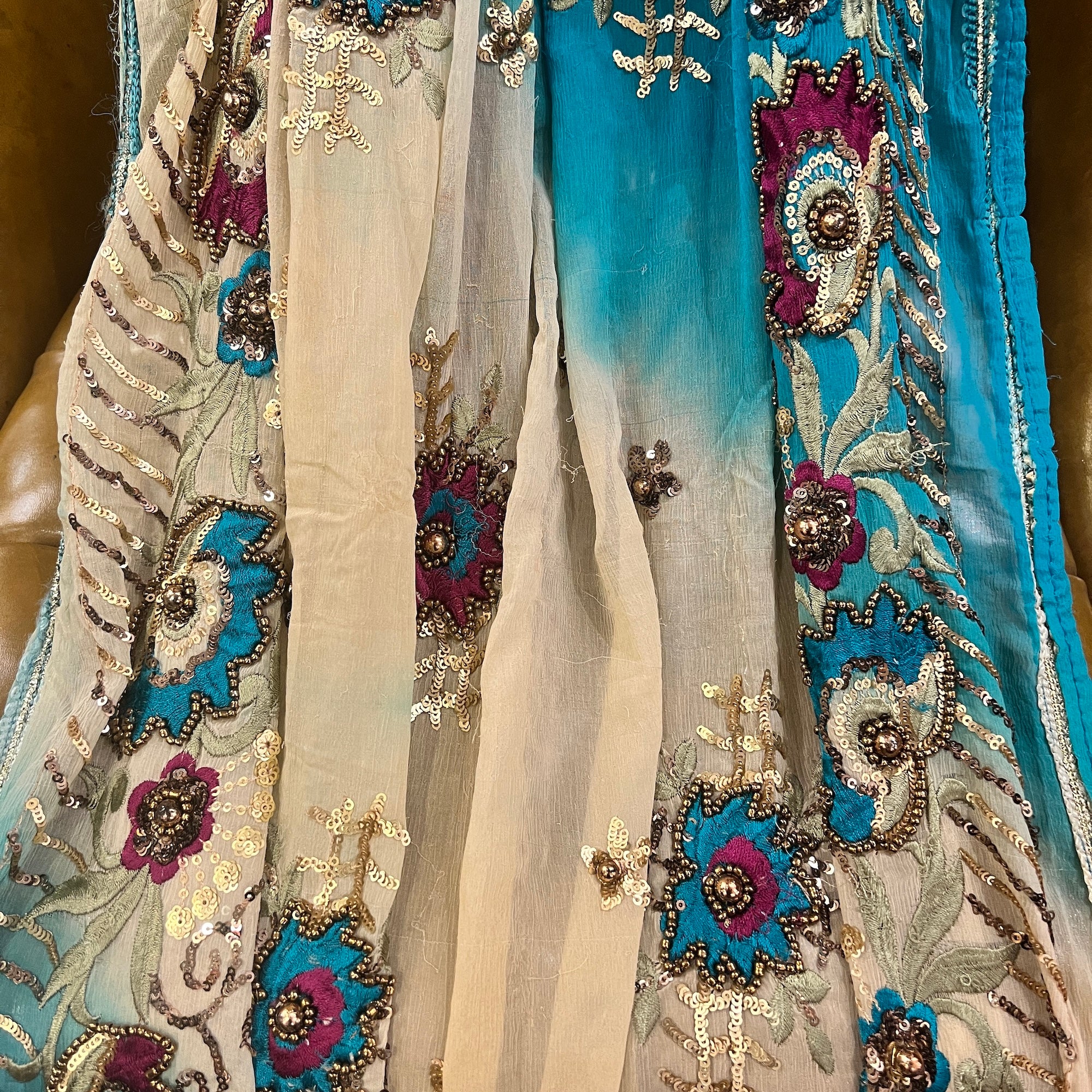 Cream & Firozi Embroidered Dupatta - Vintage India NYC