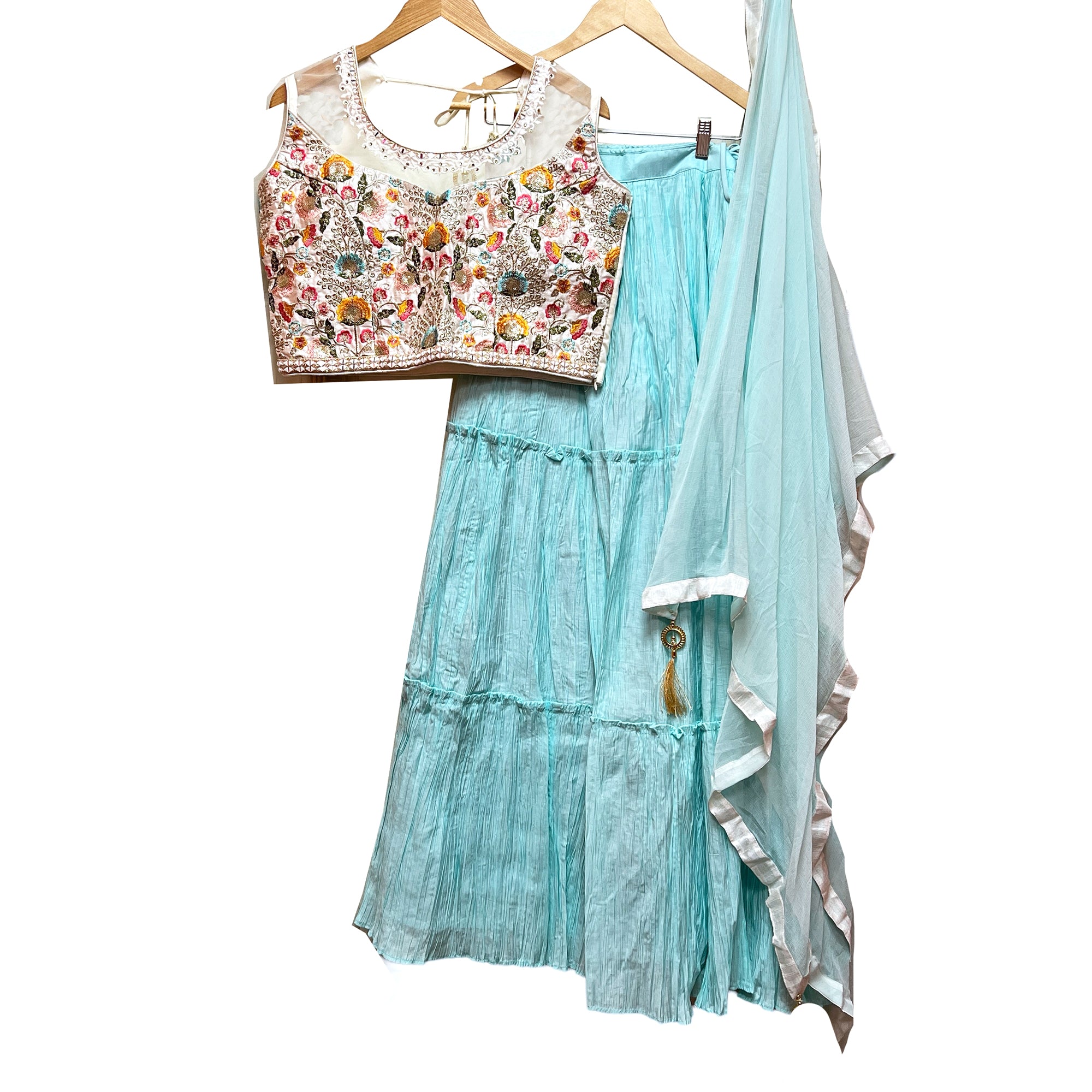Crinkled Lehenga with Floral Blouse-2 Colors - Vintage India NYC