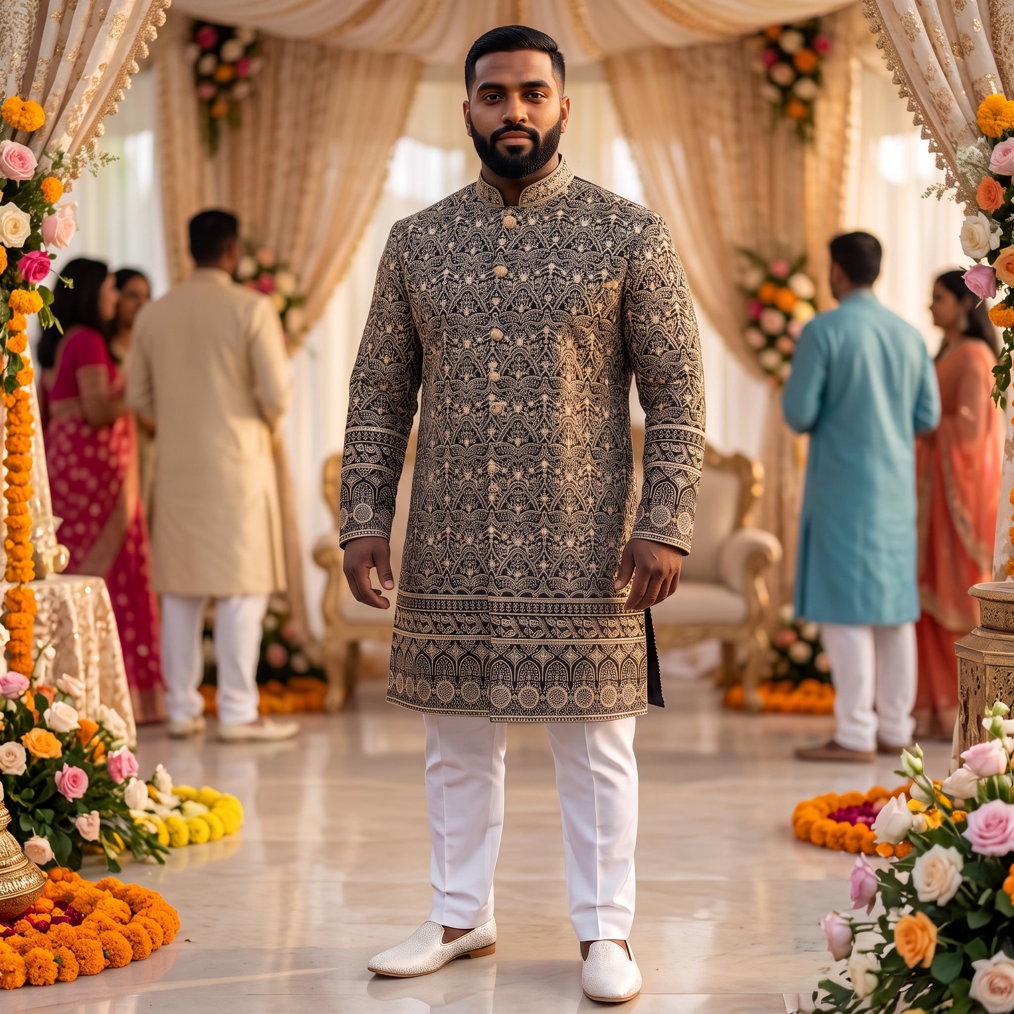 Navy w/Tan Heavy Embroidered Sherwani
