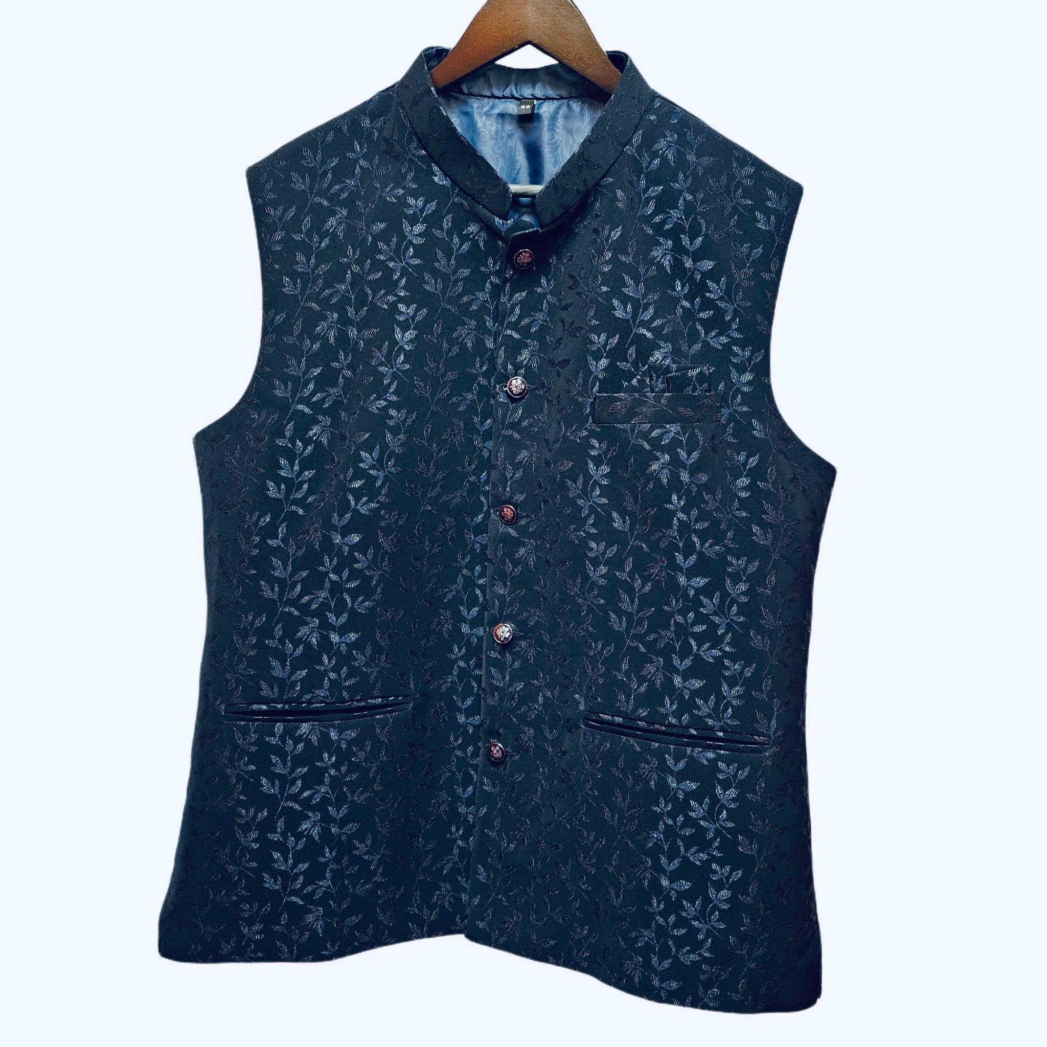 YD Navy Leaf Jacquard Vest - Vintage India NYC