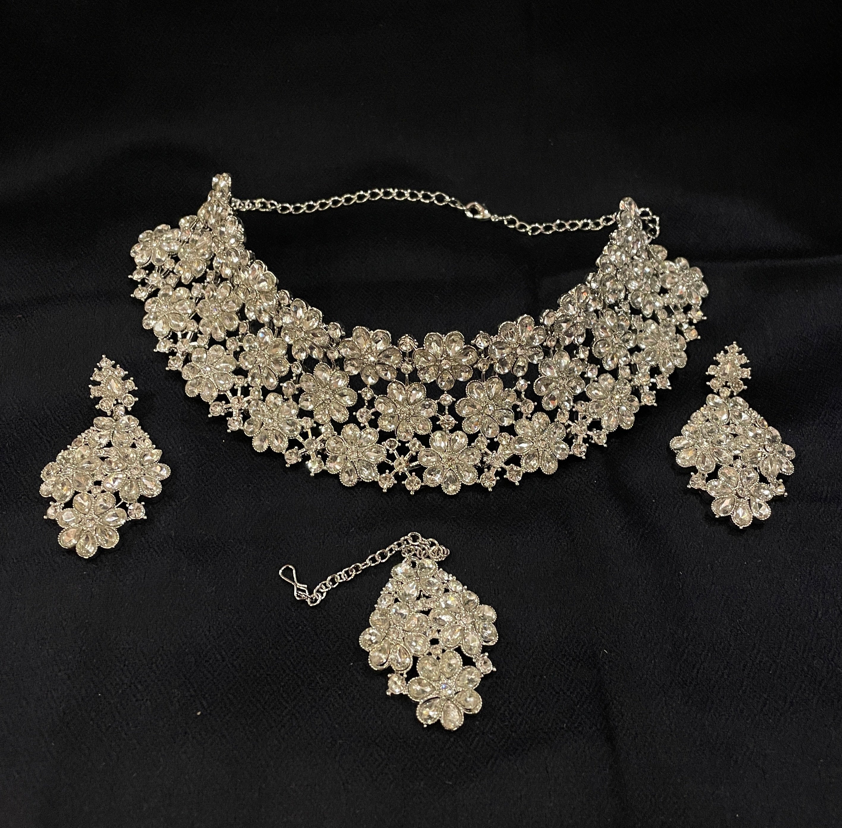 DT Silver White Stone Heavy Choker Necklace Sets - Vintage India NYC