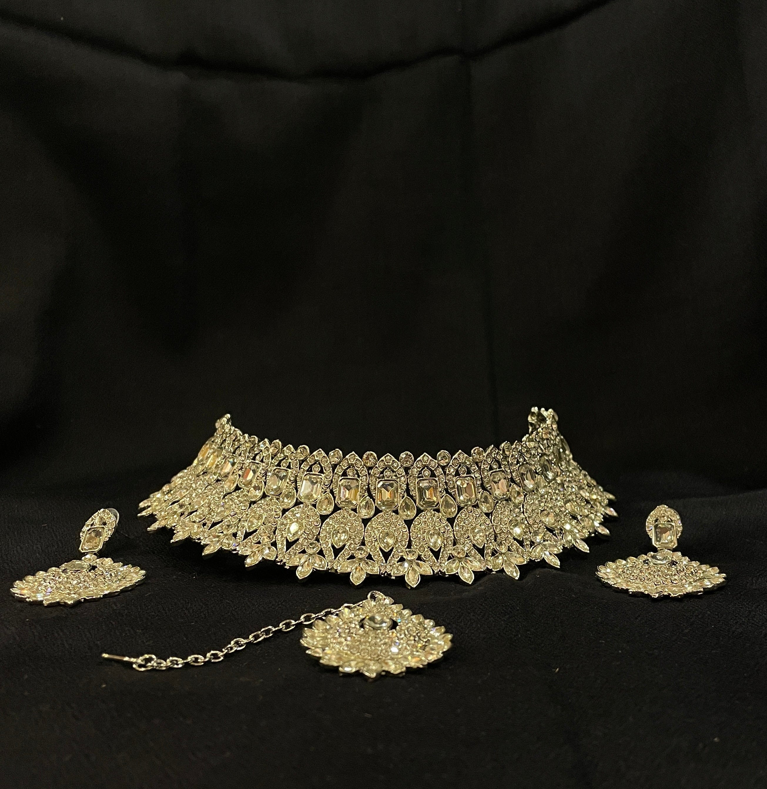 DT Silver White Stone Heavy Choker Necklace Sets - Vintage India NYC