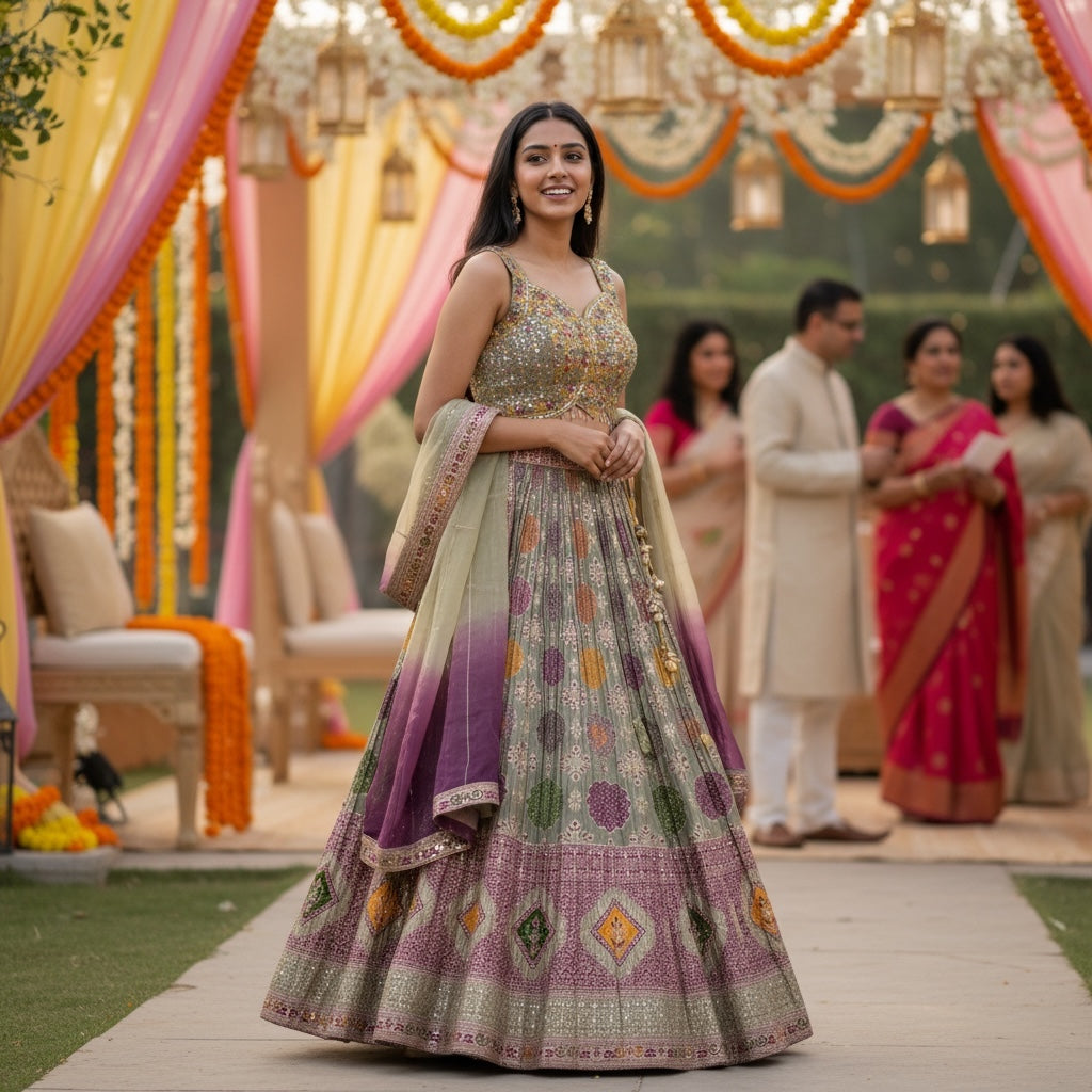 Gold W Muted Colors Lehenga Set