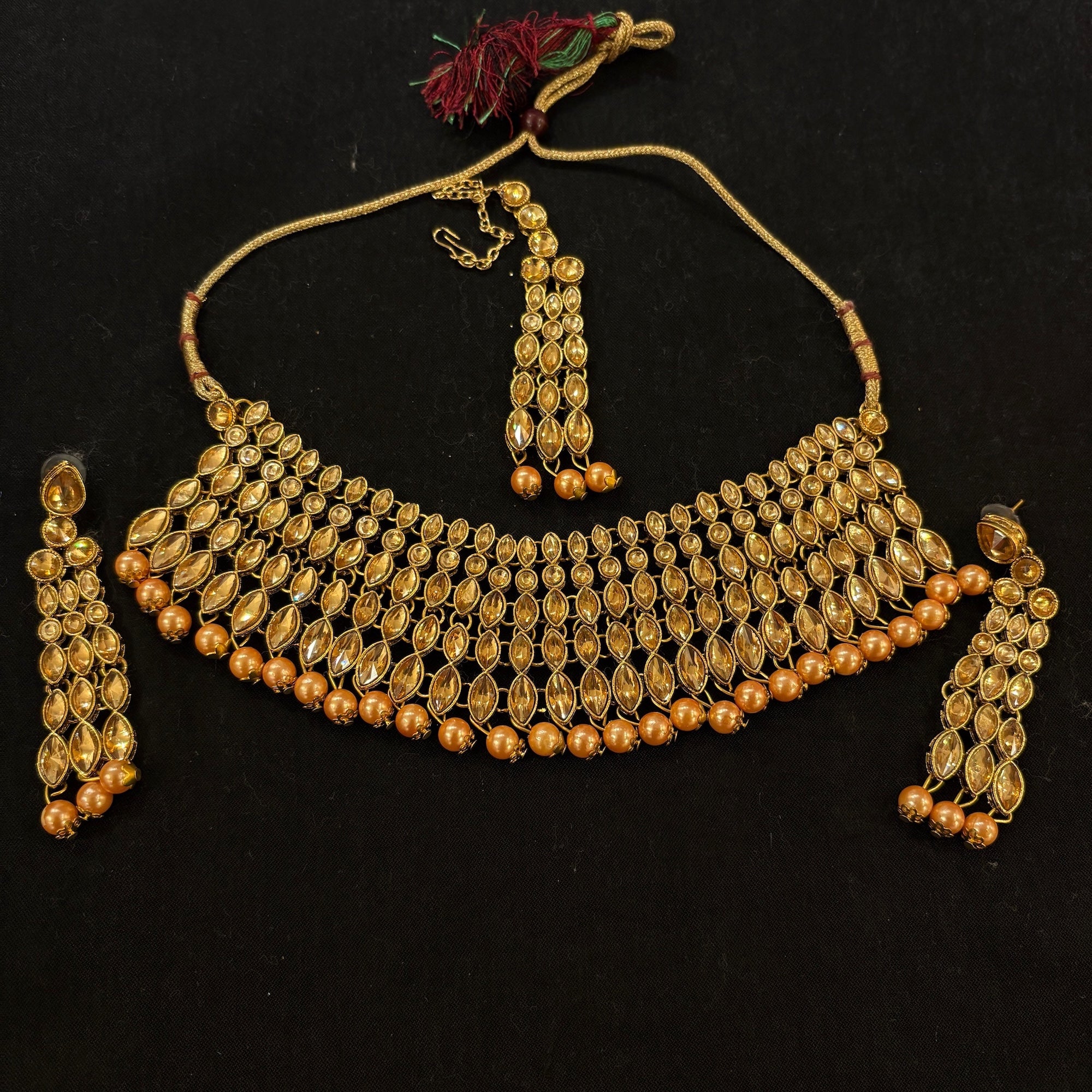 Gold Stone Coral Pearl Necklace Set - Vintage India NYC