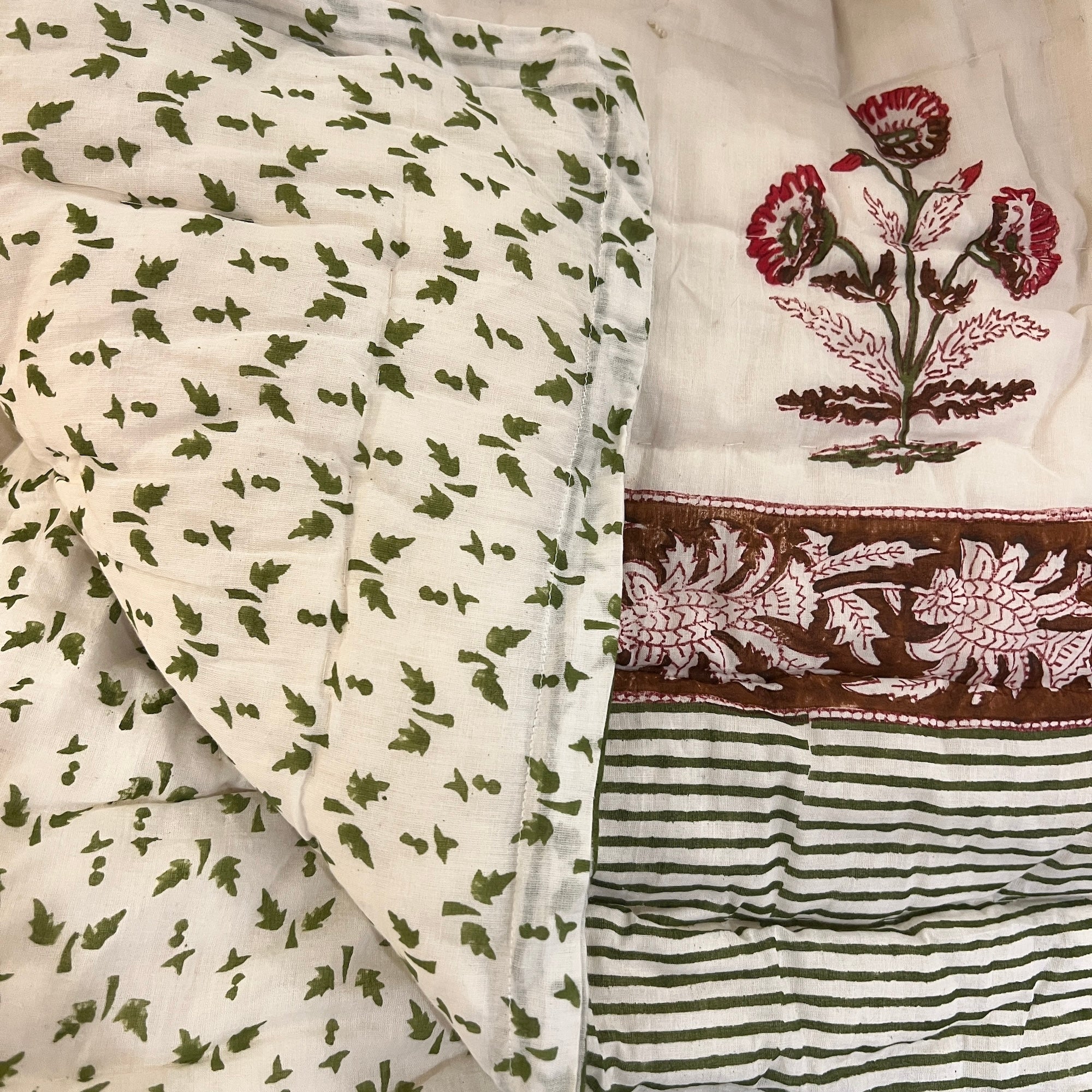 Indian Twin Quilt-Green & Dark Red - Vintage India NYC