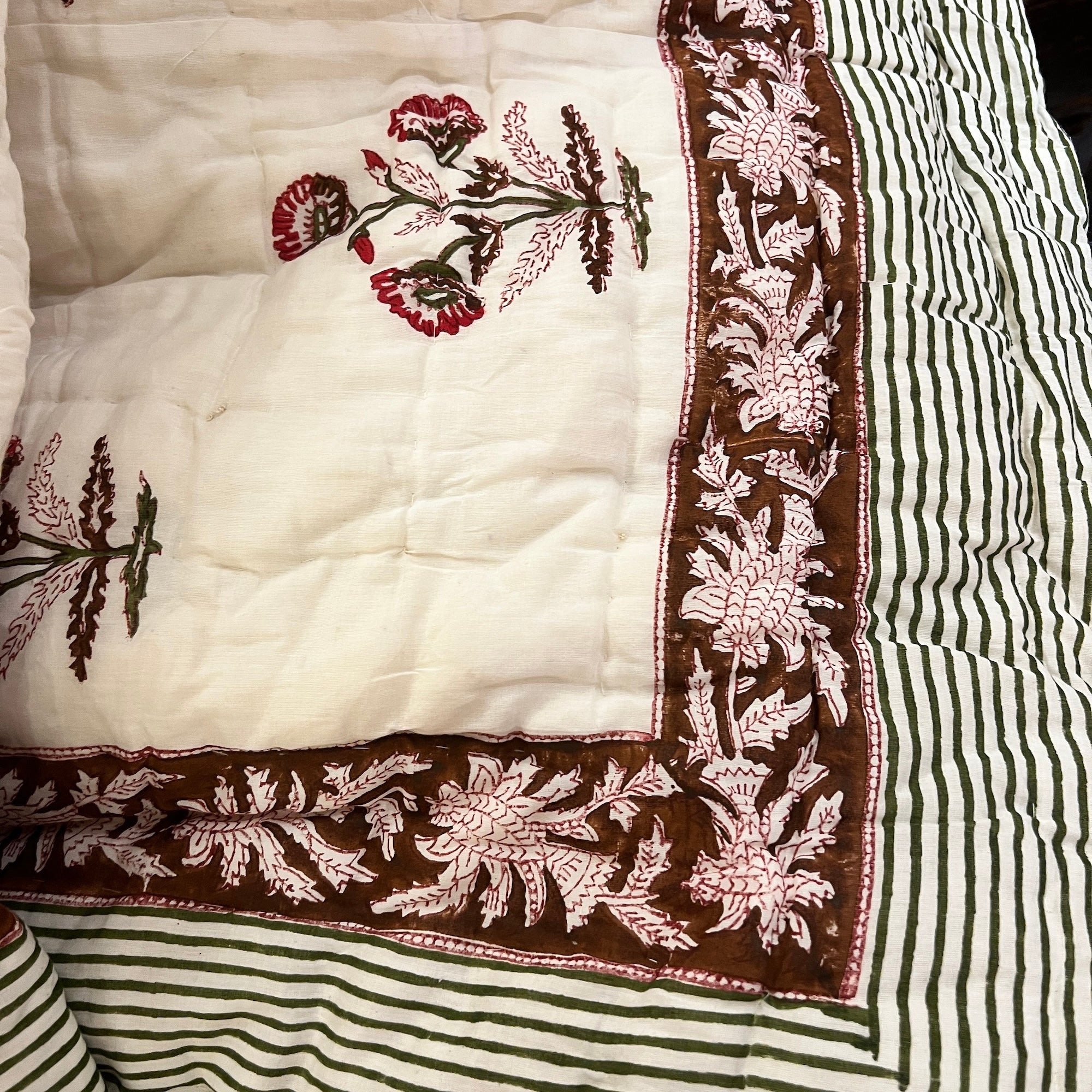 Indian Twin Quilt-Green & Dark Red - Vintage India NYC