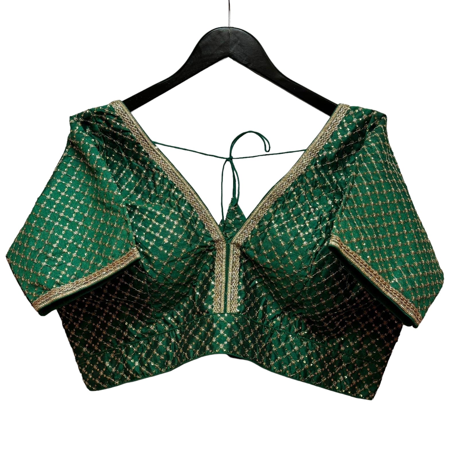Green w Gold Blouse w/Sleeves-Size 44 - Vintage India NYC