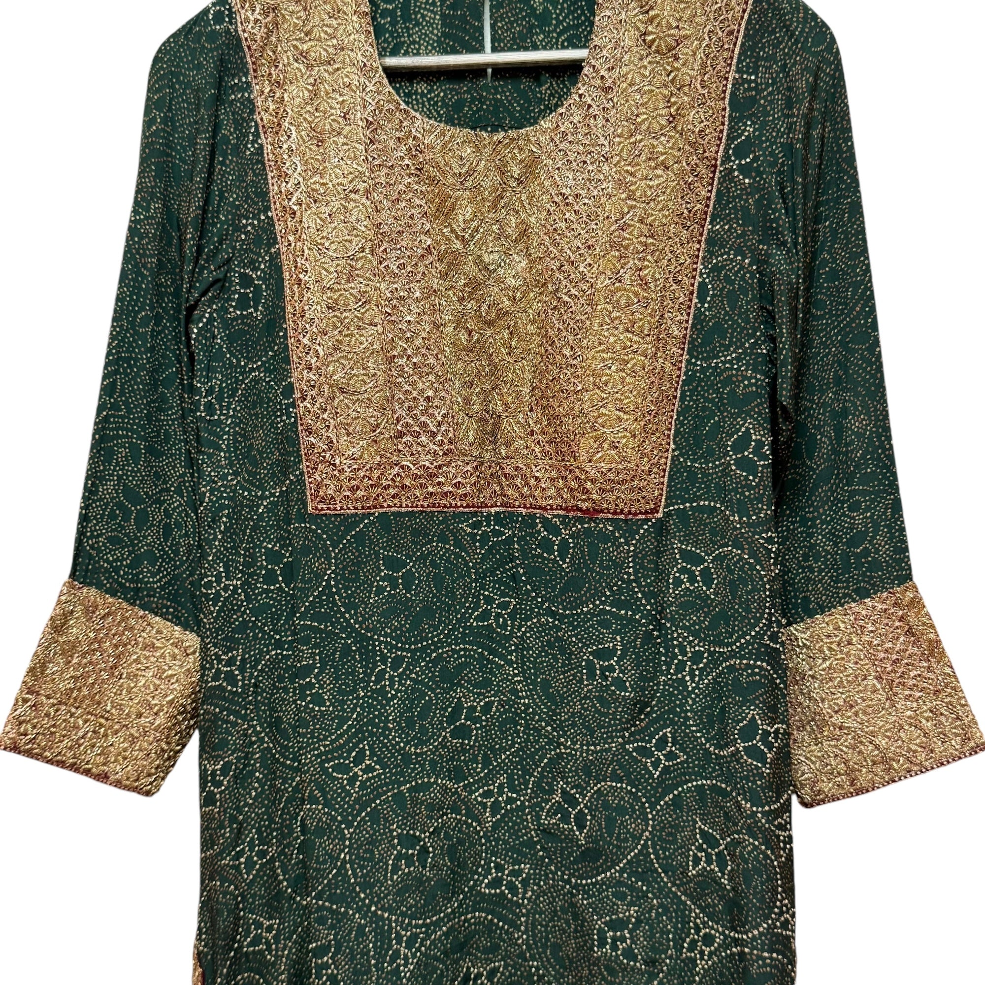Dark Green Zardosi Embroidered Silk Kurta-Size 36 - Vintage India NYC