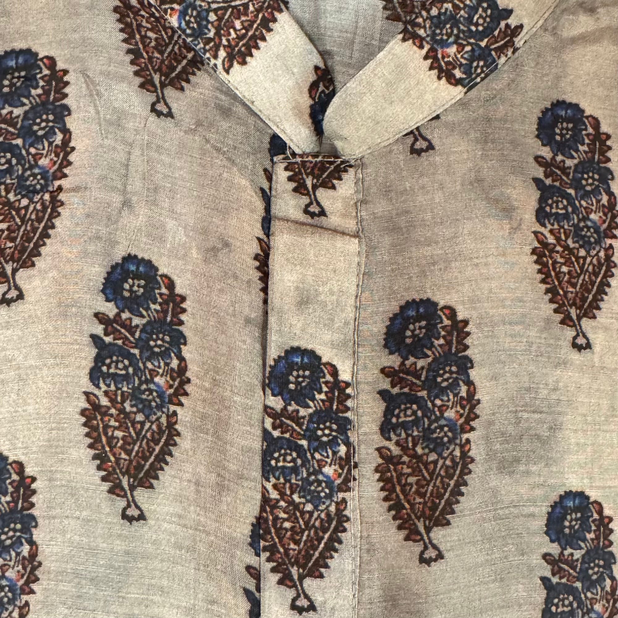 Grey Block Print Floral Kurta - Vintage India NYC