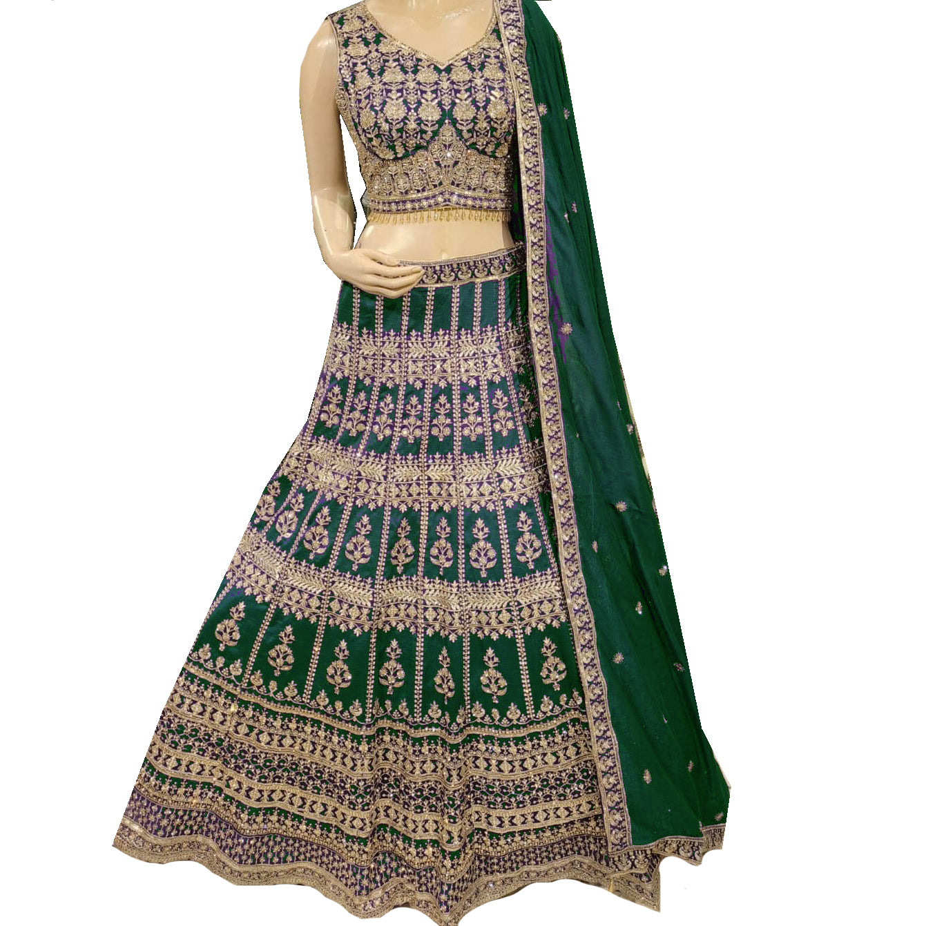 Forest Georgette with Zari & White Stones - Vintage India NYC