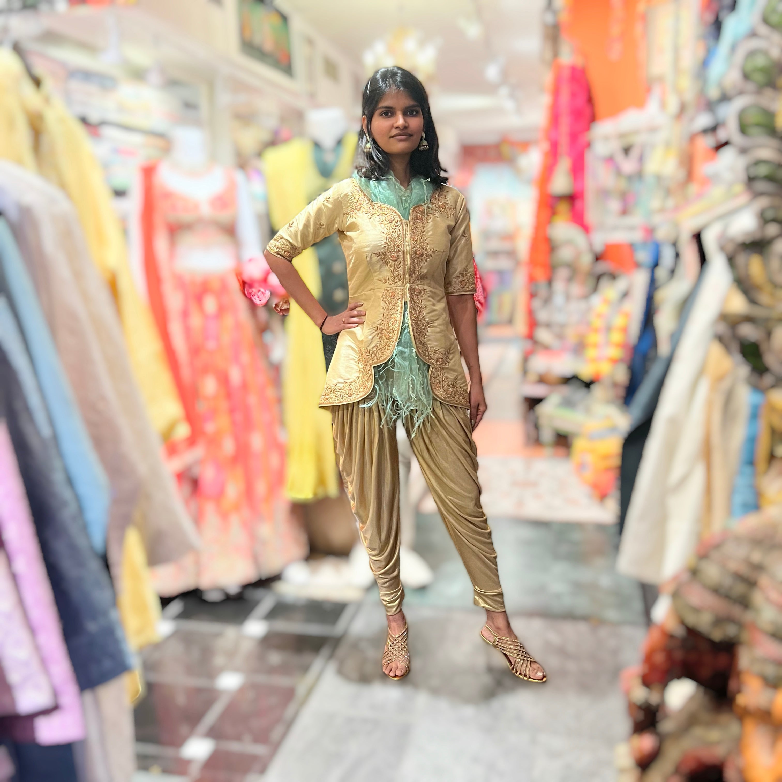 Long Gold Choli Blouse with Heavy Zardosi Embroidery