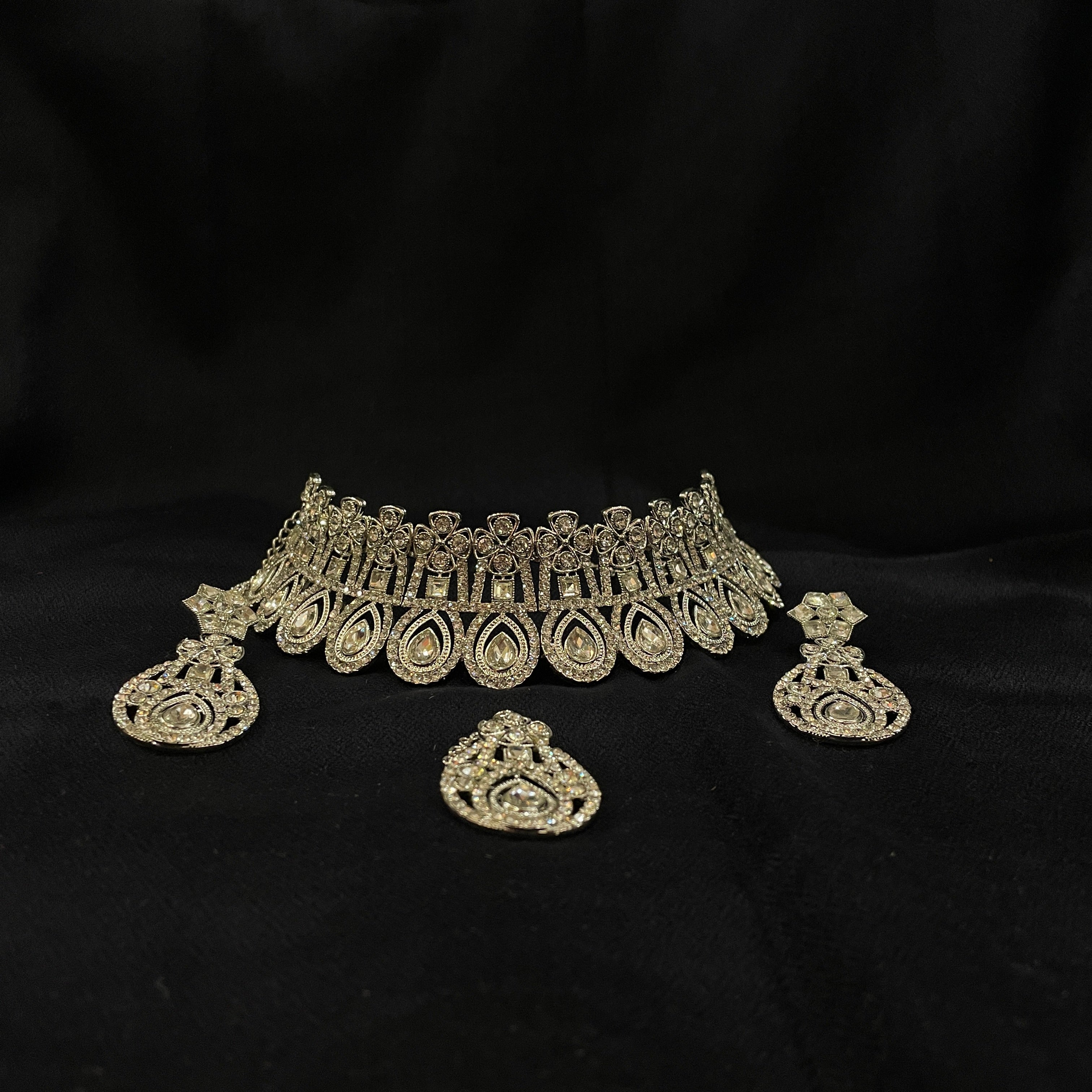 DT Silver White Stone Heavy Choker Necklace Sets - Vintage India NYC