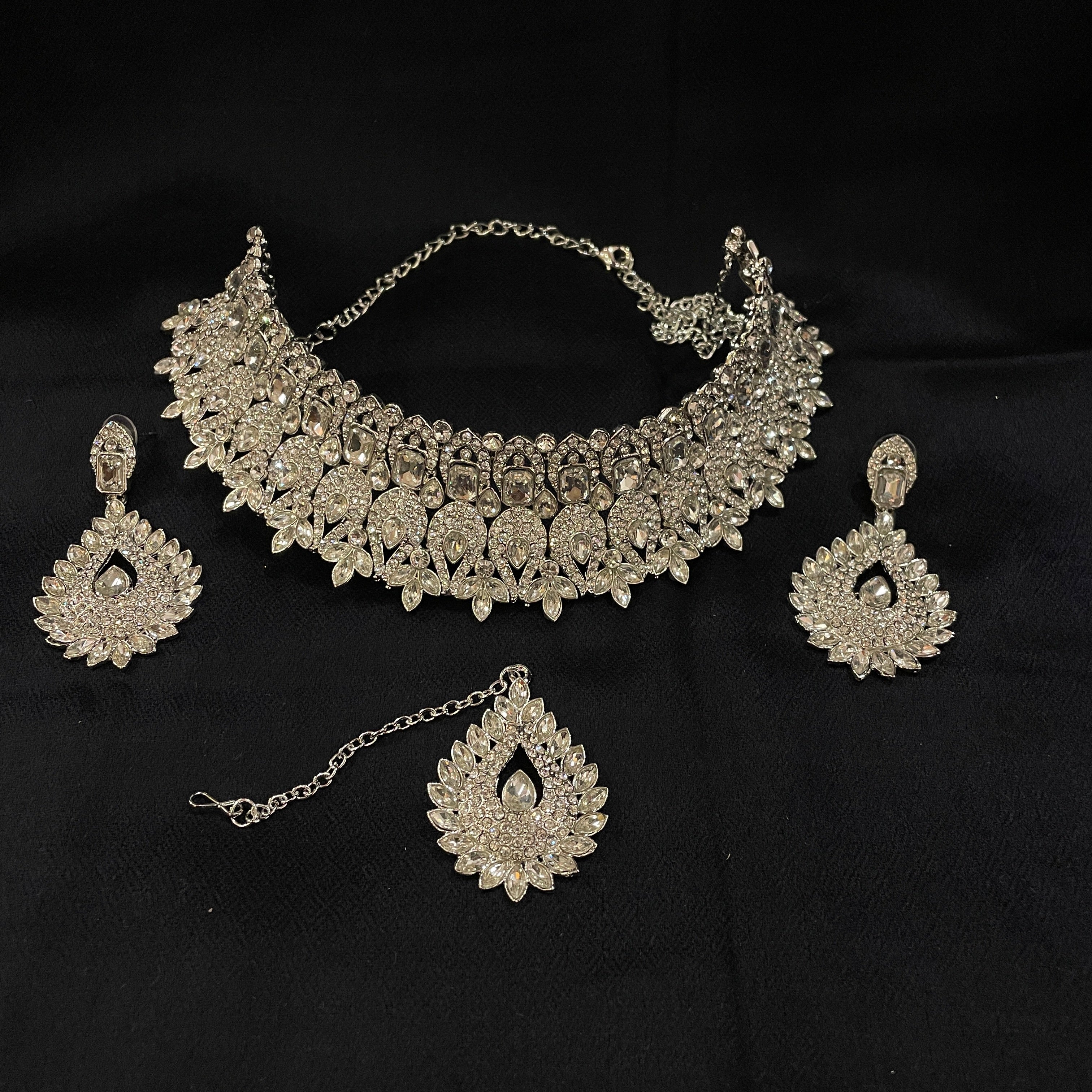 DT Silver White Stone Heavy Choker Necklace Sets - Vintage India NYC