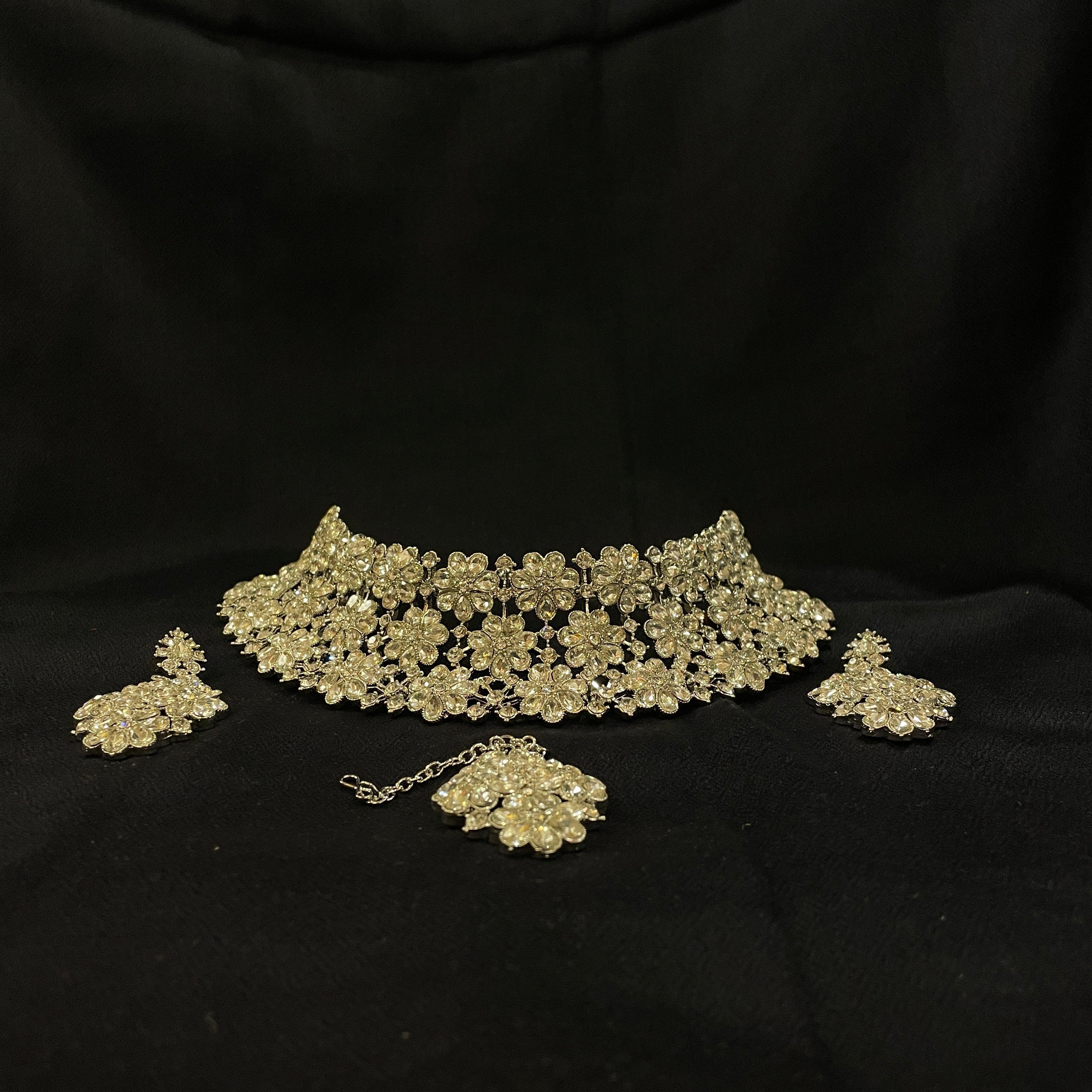 DT Silver White Stone Heavy Choker Necklace Sets - Vintage India NYC