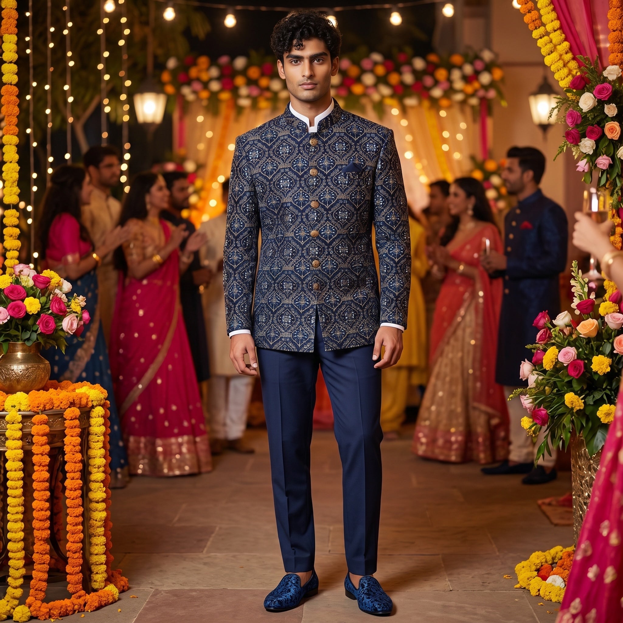 Navy Lucknowi Jodhpuri Jacket - Vintage India NYC