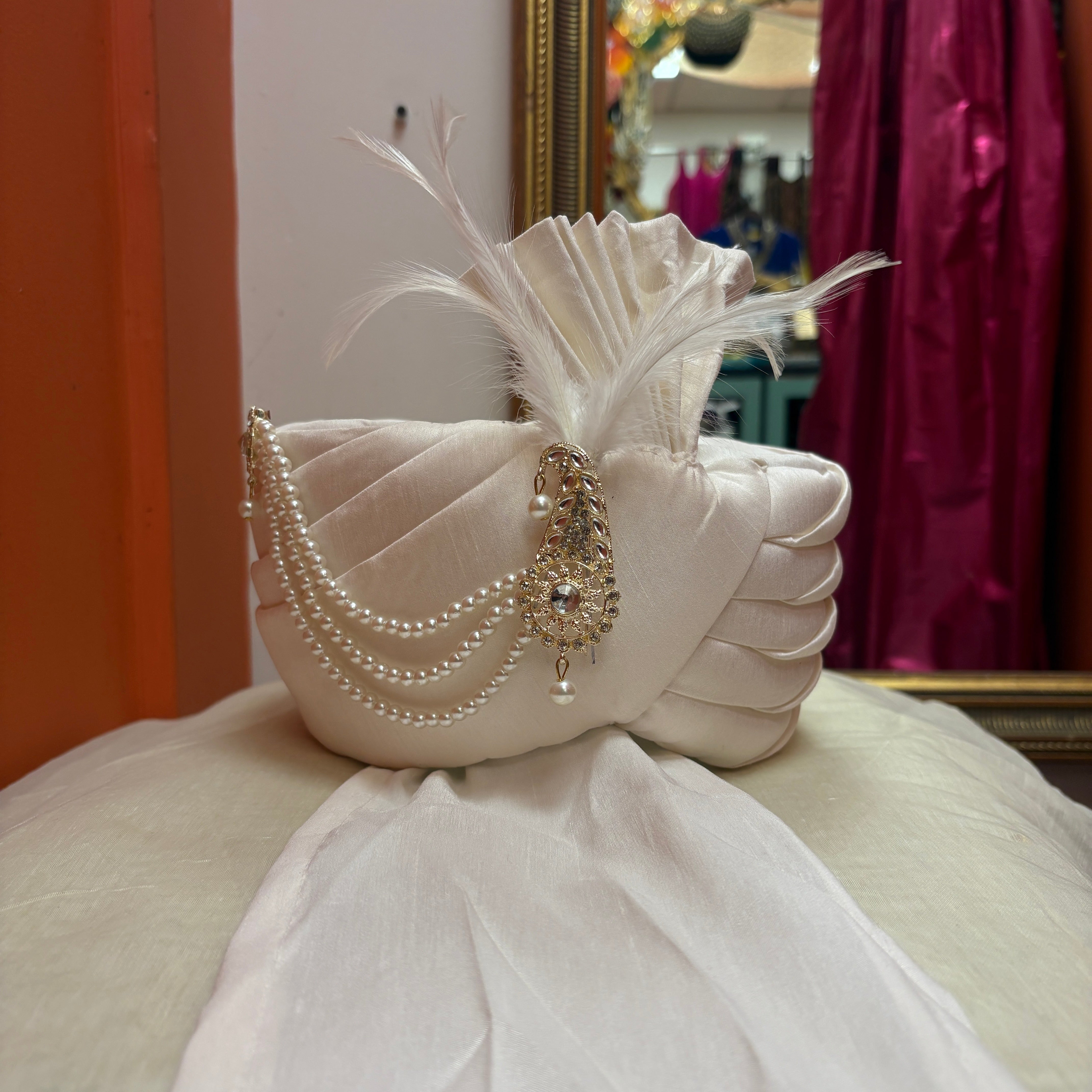 YD White Pagadi Turban - Vintage India NYC
