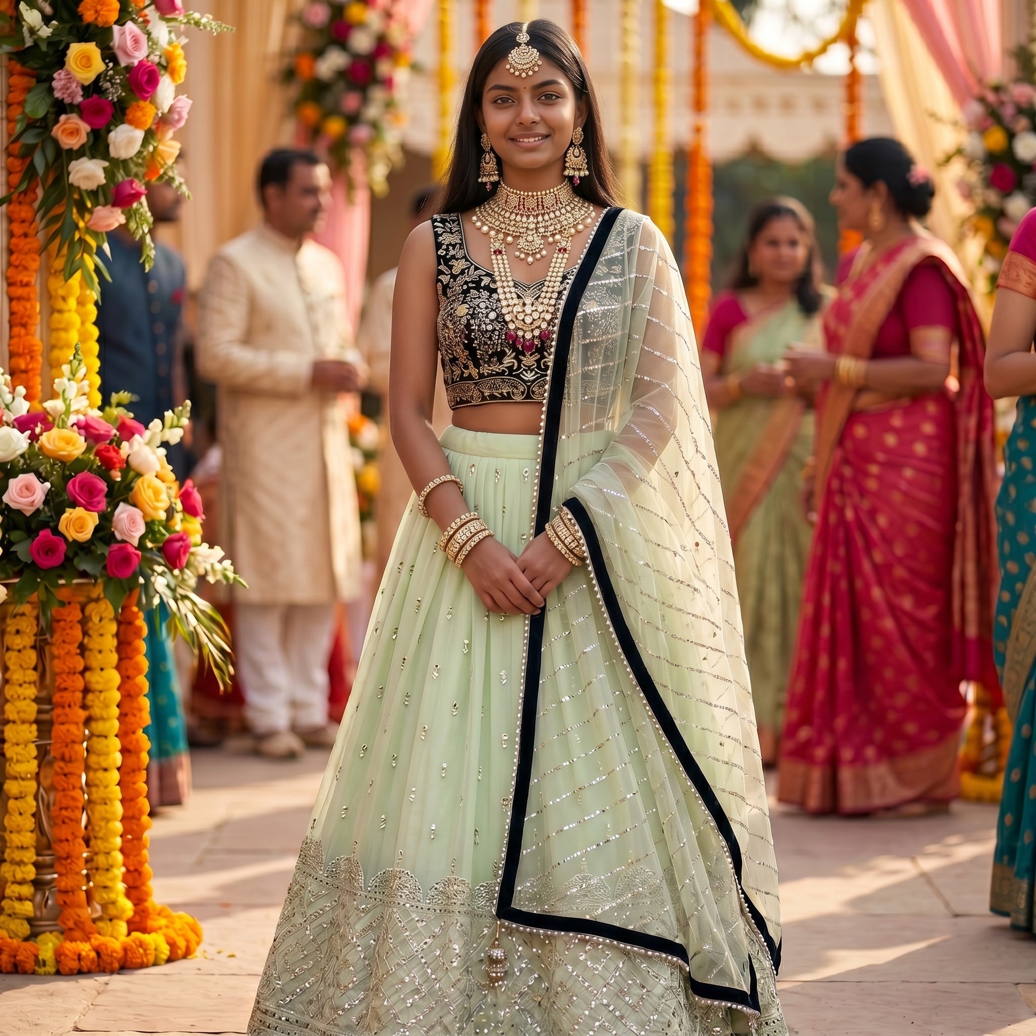 Mint Lehenga with Forest Velvet Handwork Blouse - Vintage India NYC