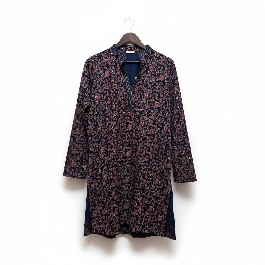 Navy & Red Print V neck Kurta