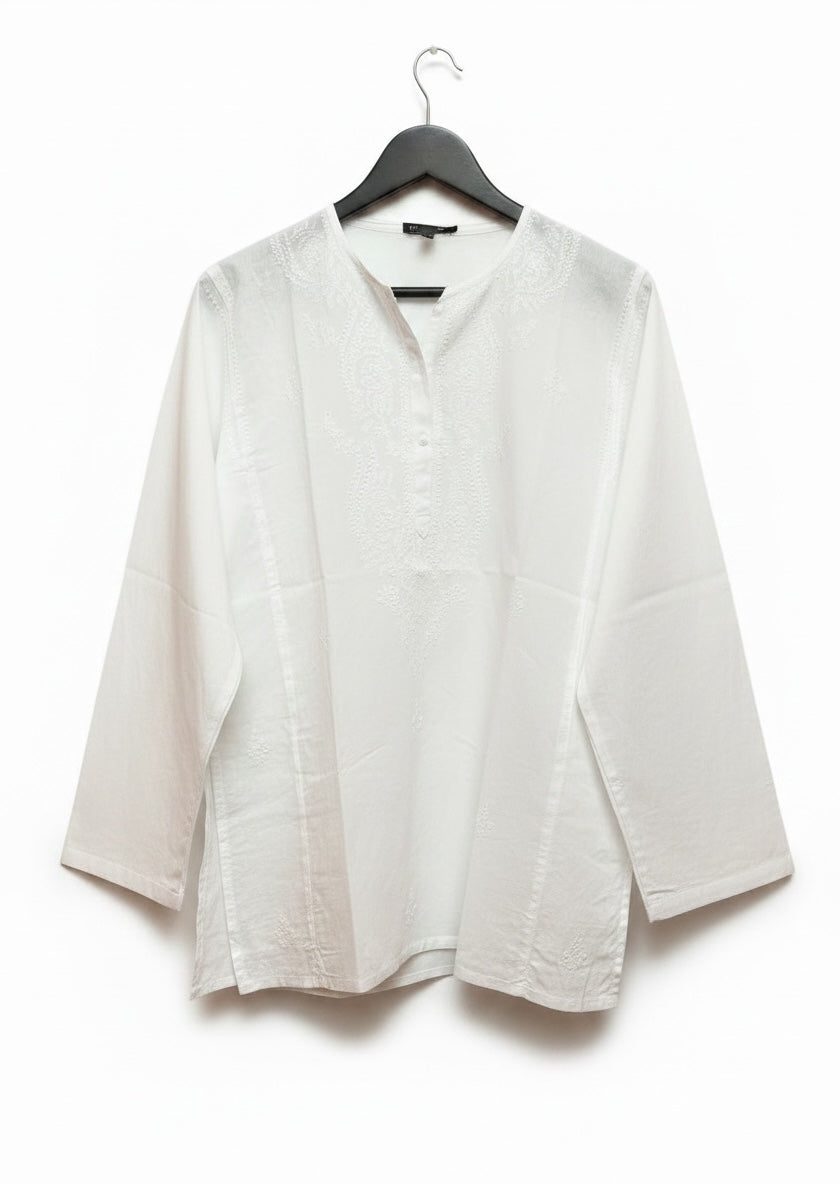 LH White Organic Cotton 3 Button Short Kurta-Size 42-44