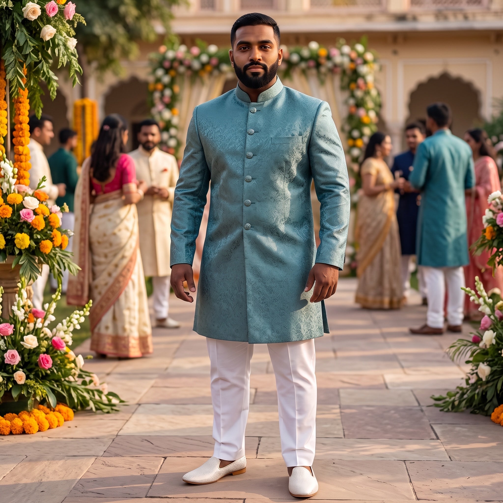 Muted Teal Leaf Sherwani