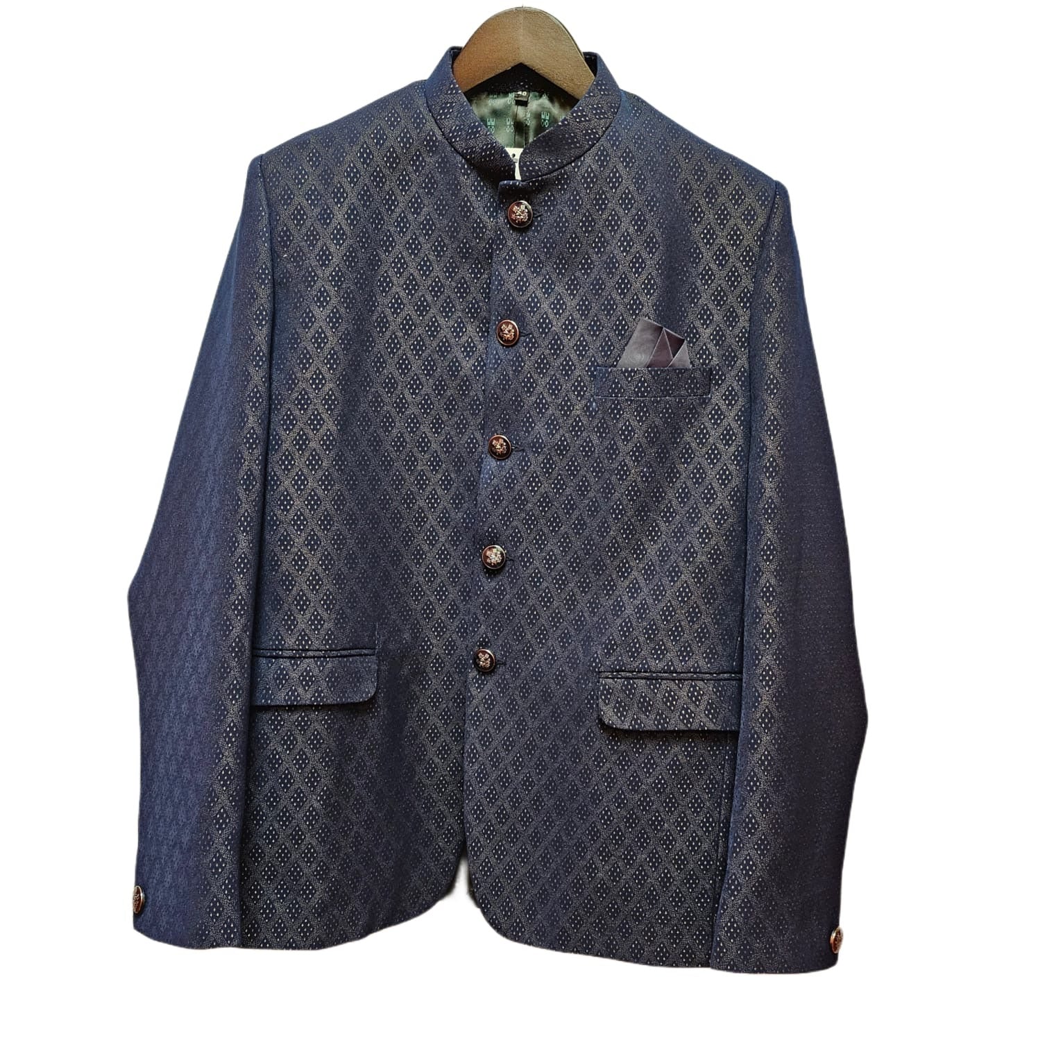 YD Navy Diamond Jacquard Jodhpuri Jacket - Vintage India NYC