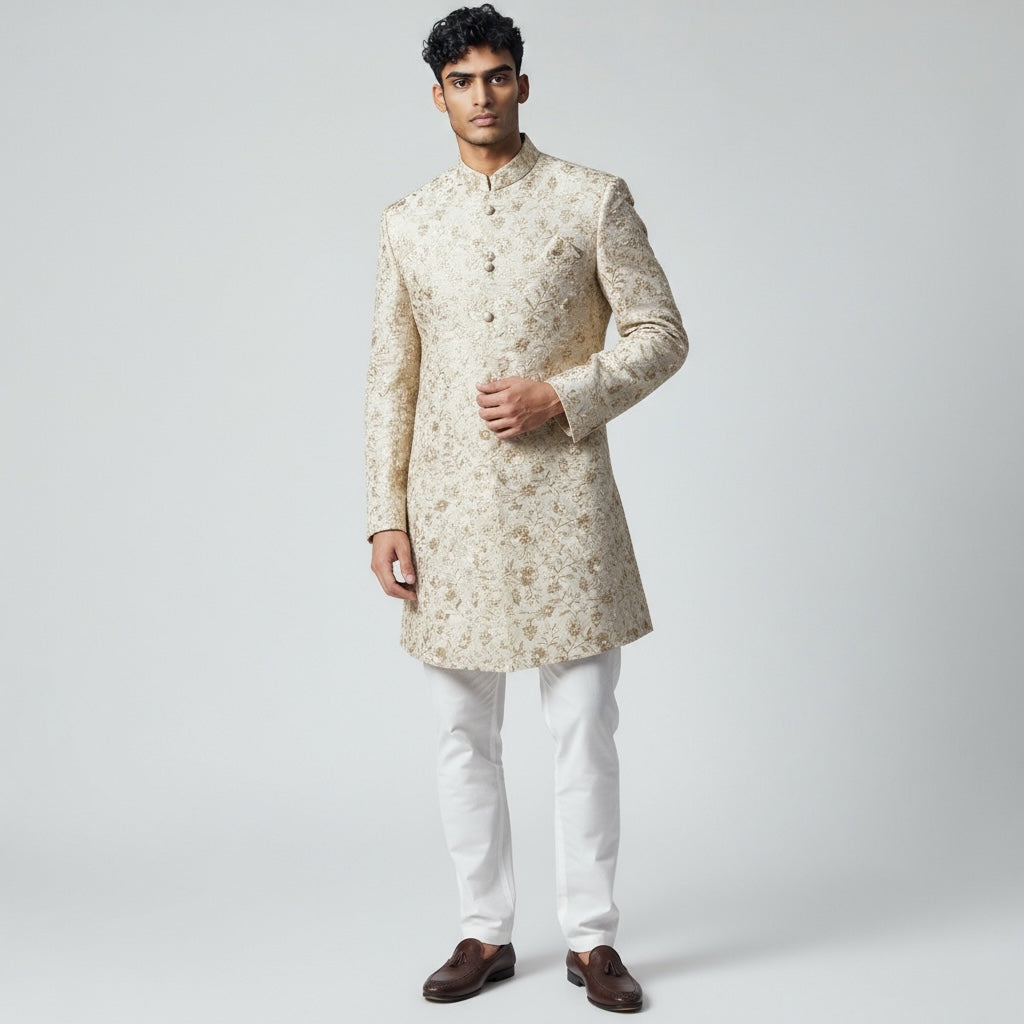 Cream Embroidered Indowestern Sherwani