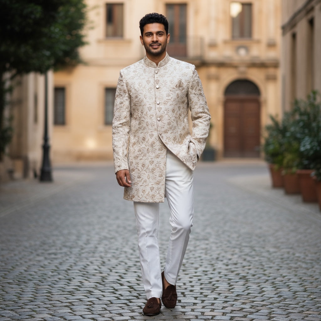 Cream Embroidered Indowestern Sherwani