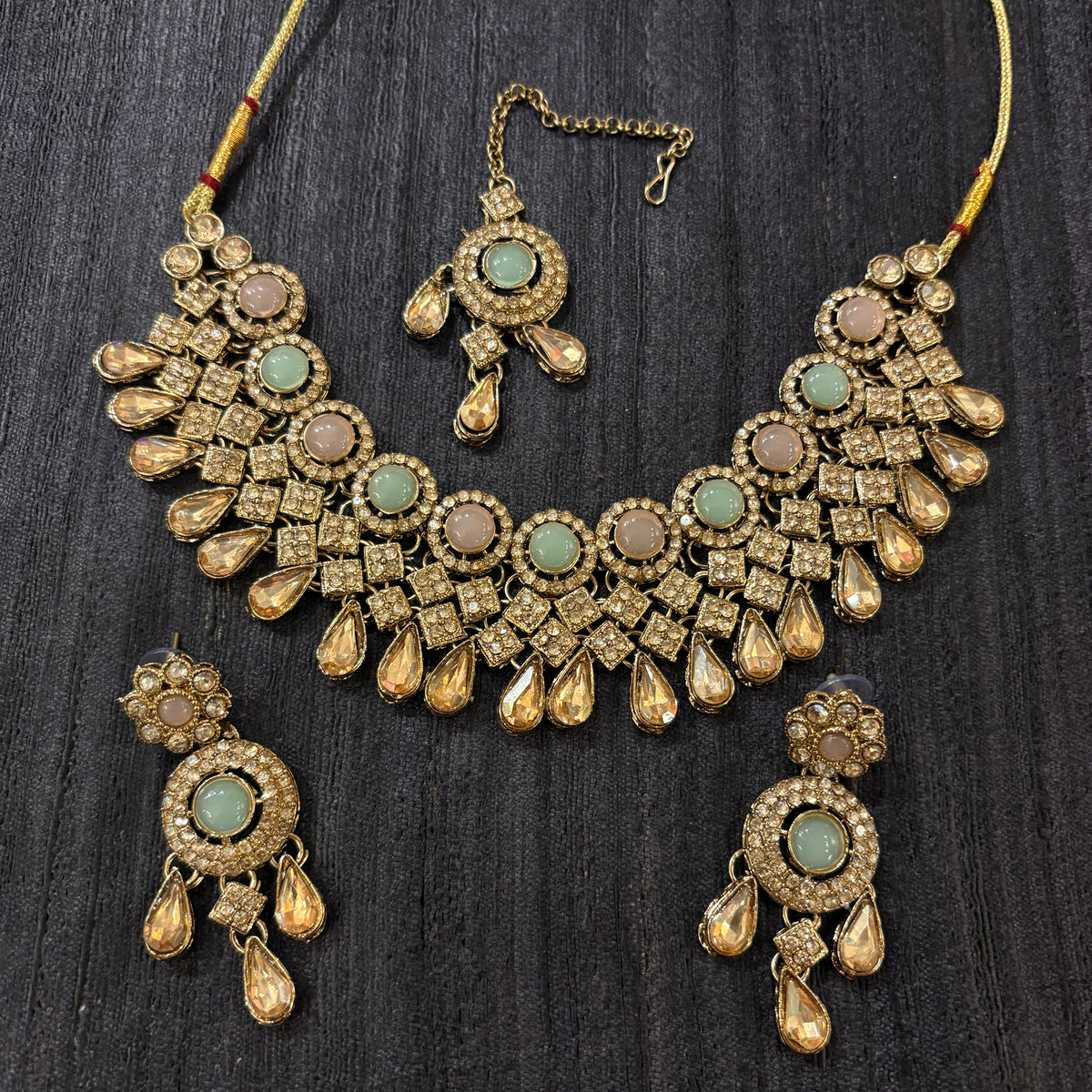 DT Round Stone Drop Necklace Sets-Colors
