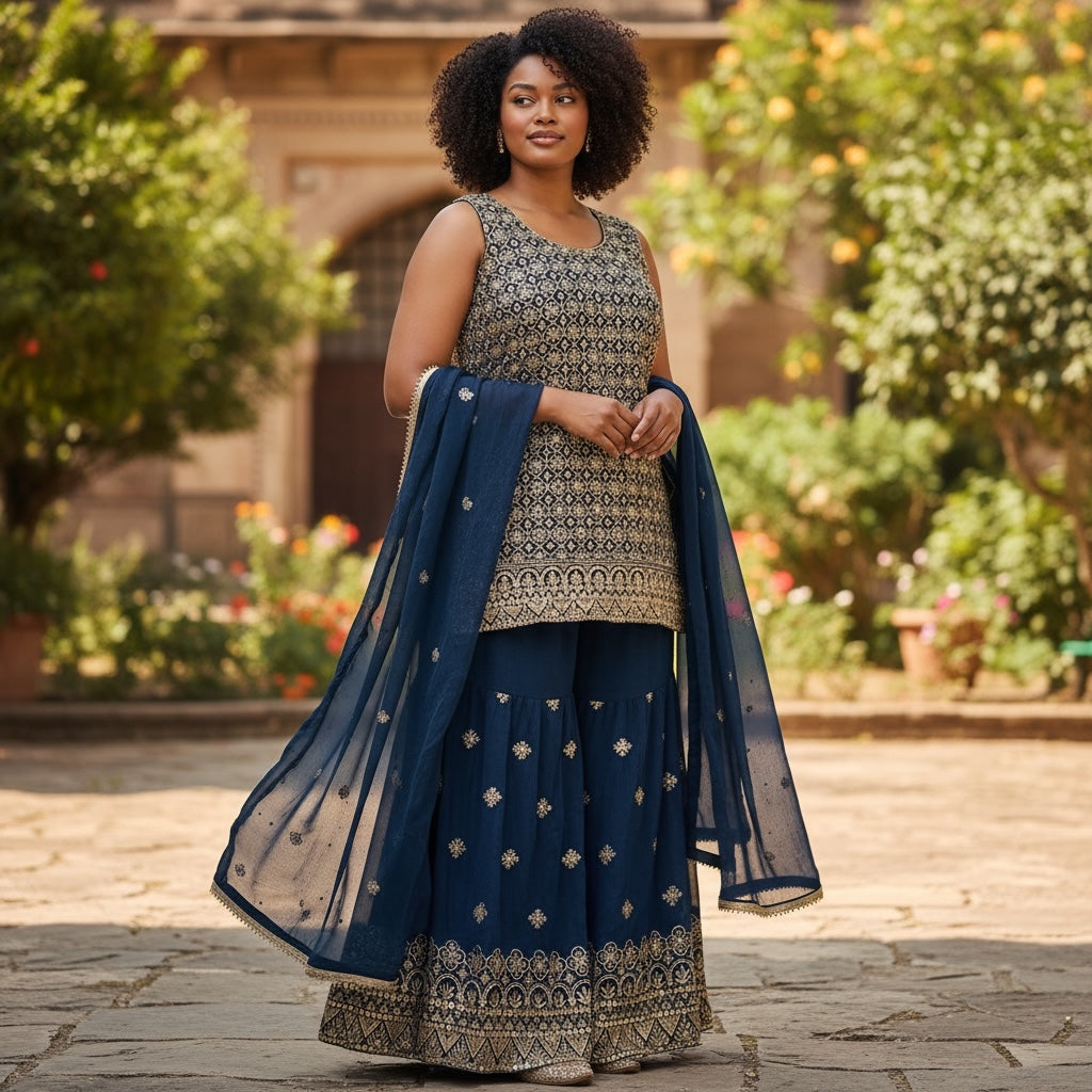 Plus Size Gold Sequin Gharara Set-3 Colors