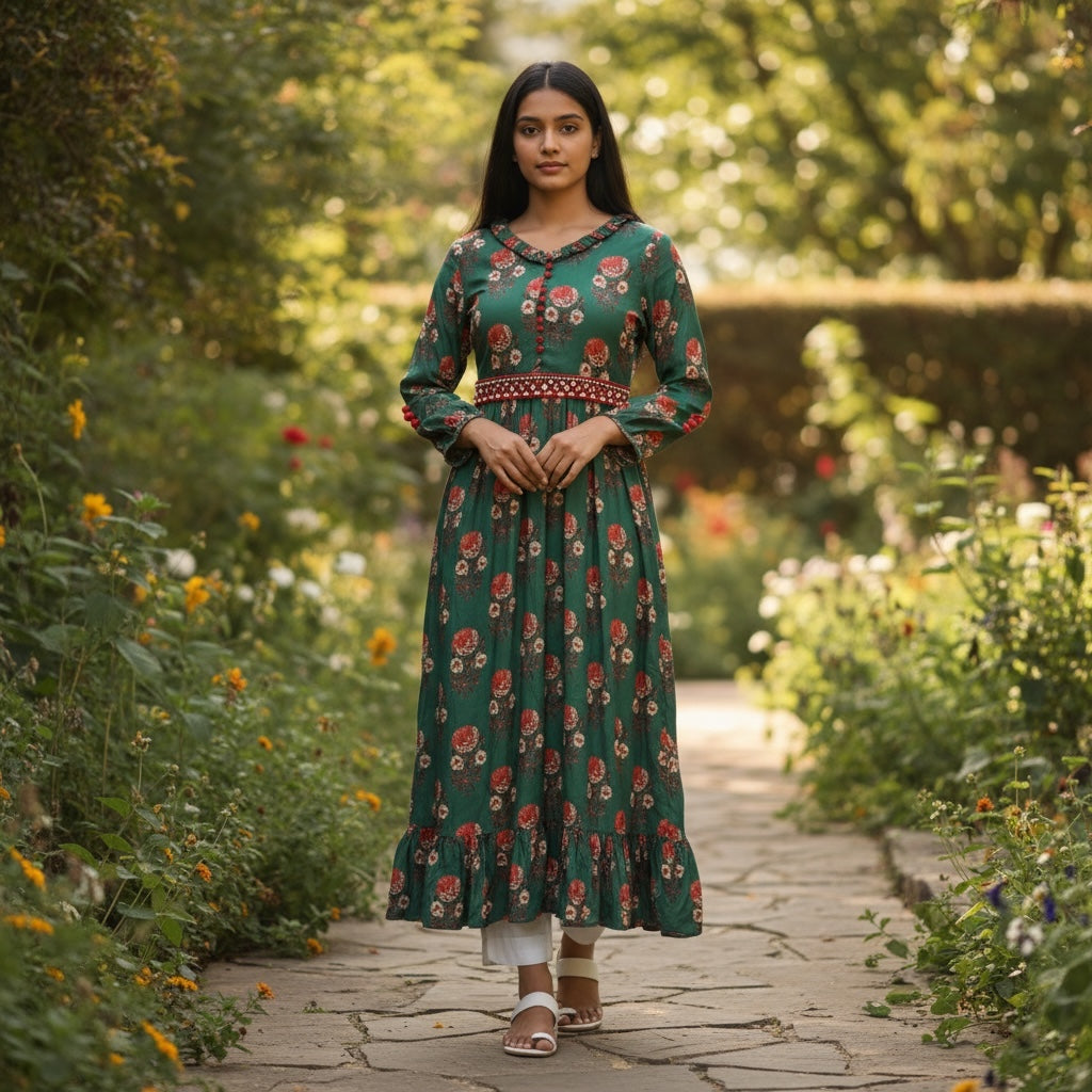 Green Floral Anarkali Gown