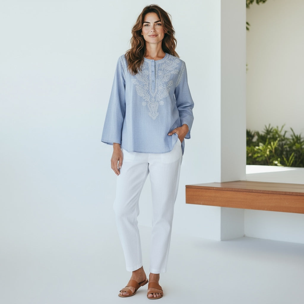 Blue Cotton Chikan Short Kurtas 503