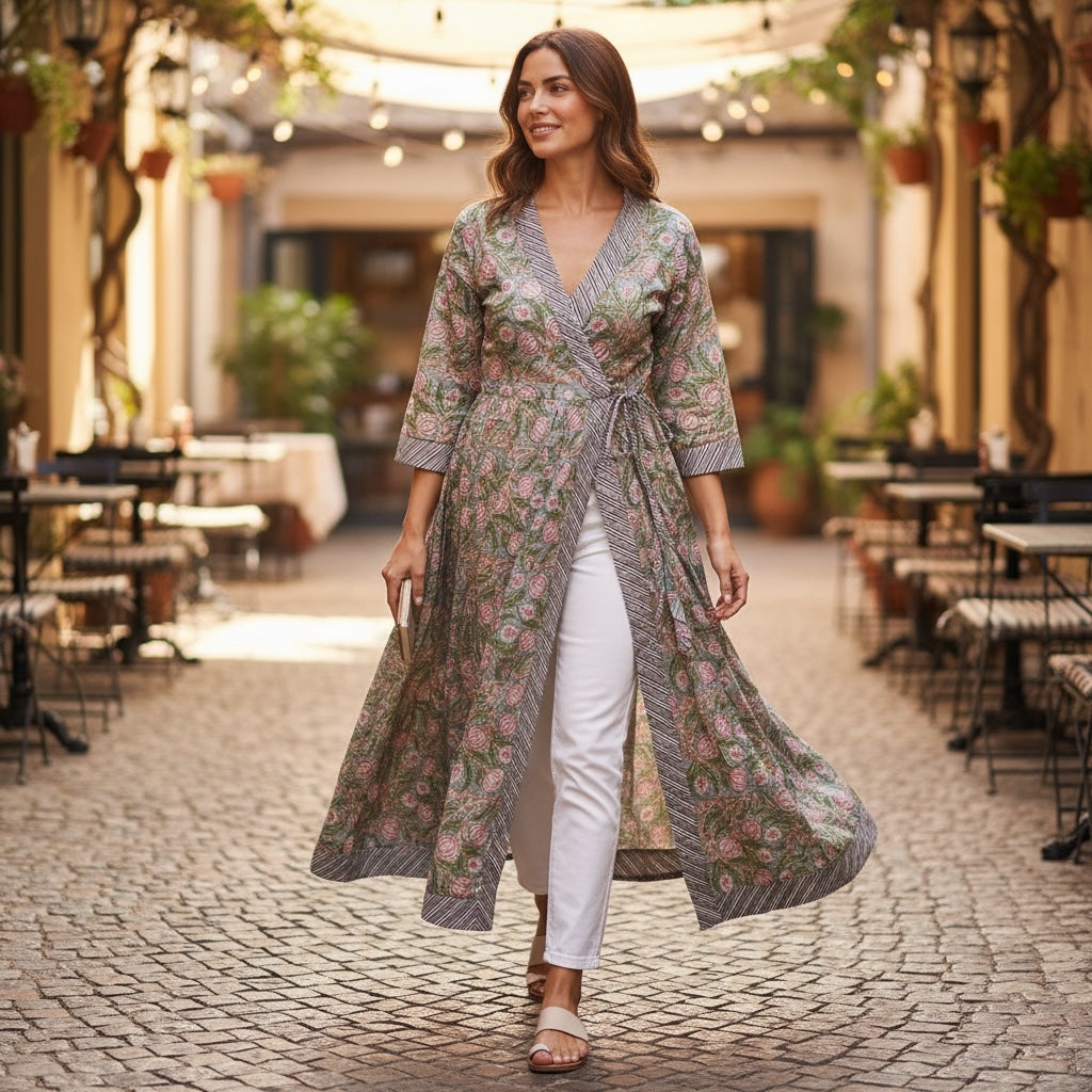 AR Blockprint Angrakha Wrap Dress-3 pattern choices - Vintage India NYC